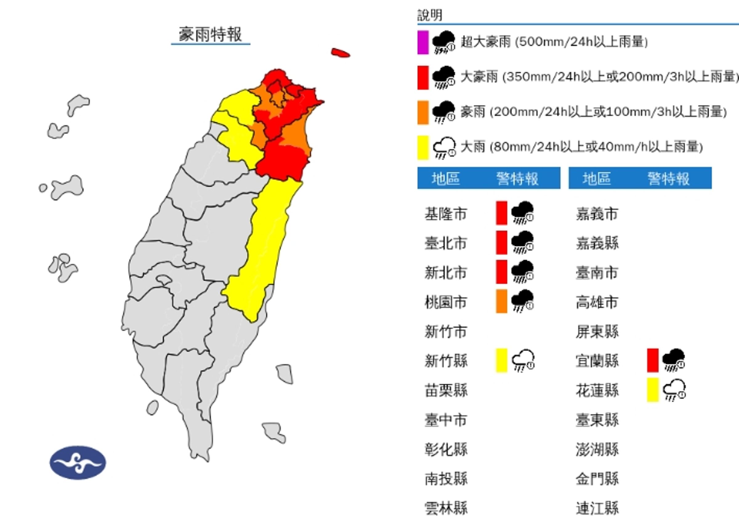 中央氣象署發布豪雨特報。（翻攝自中央氣象署官網）