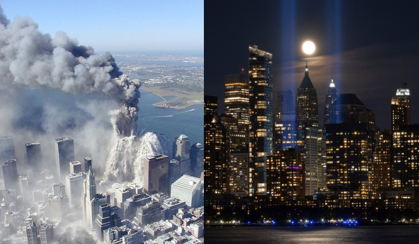 左圖為2001年9月11日世貿中心遭劫機撞擊後冒出濃煙的歷史畫面；右圖則為恐攻24週年前夕，曼哈頓點亮了紀念塔燈光。（翻攝自X）