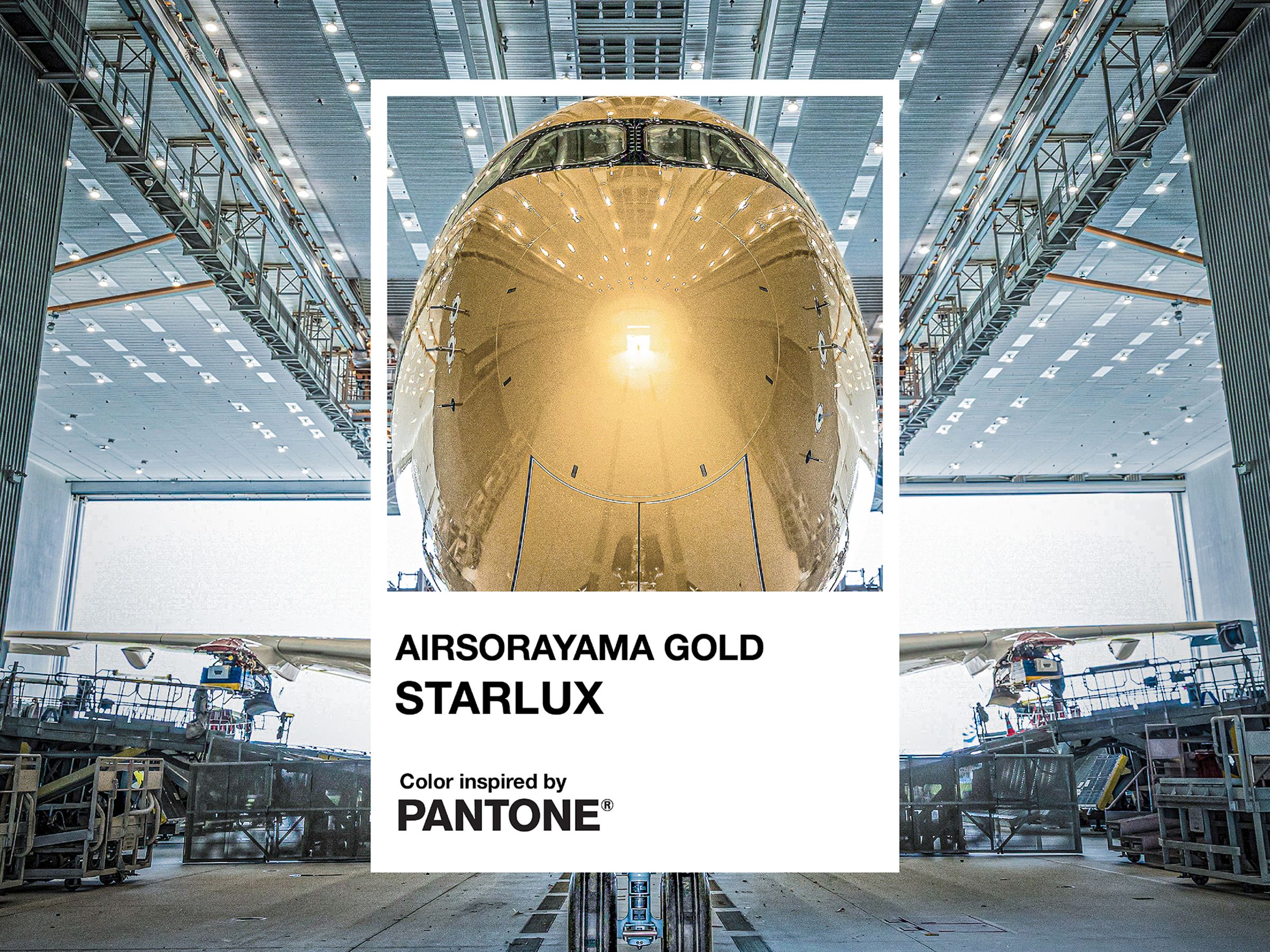 全球色彩趨勢權威Pantone 為星宇航空與日本殿堂級藝術家空山基合作的STARLUX AIRSORAYAMA計畫制定專屬色，圖為PANTONE_AIRSORAYAMA Gold。（星宇航空提供）