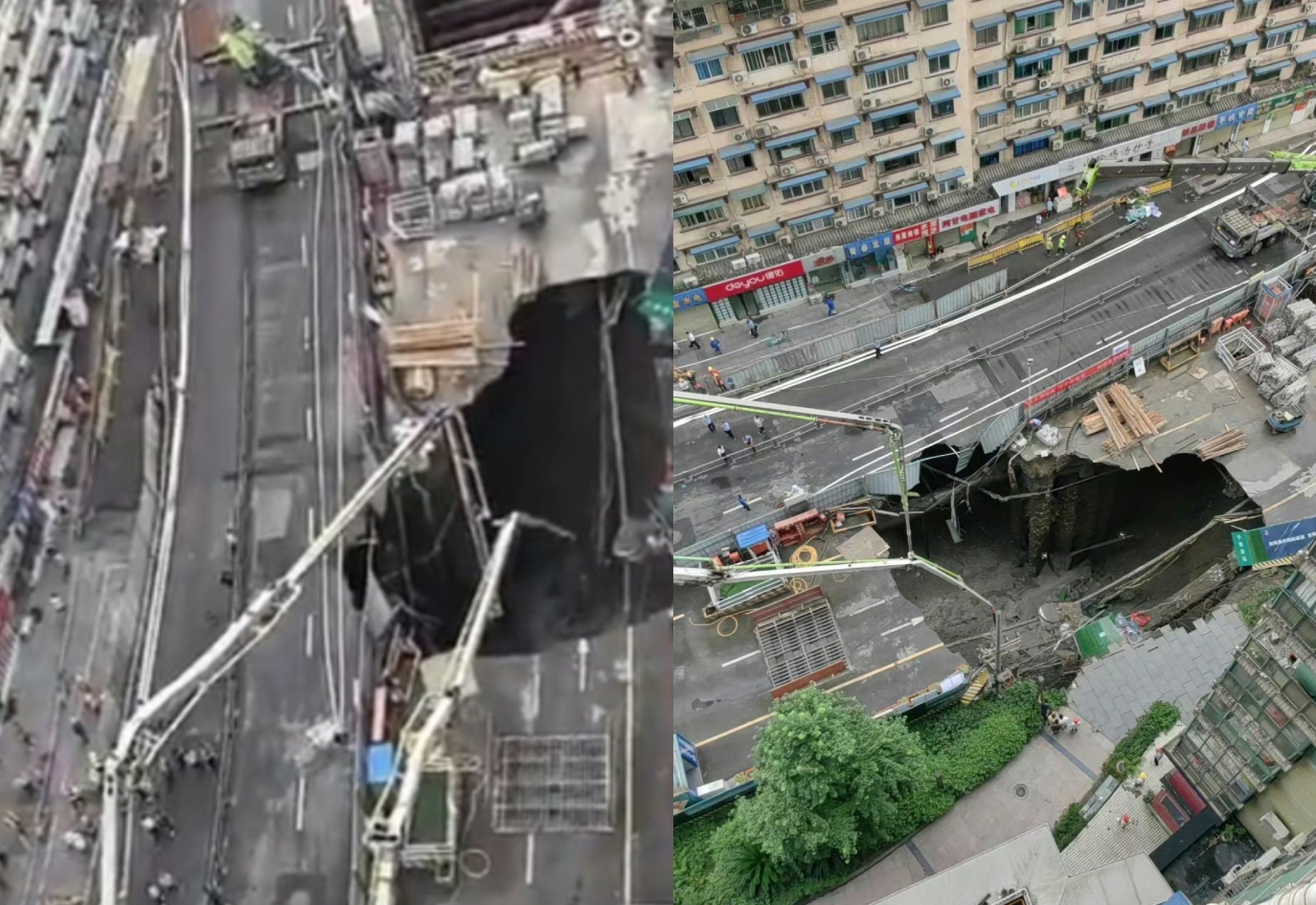 中國成都地鐵道路塌陷,出現12公尺天坑 。(翻攝微博)