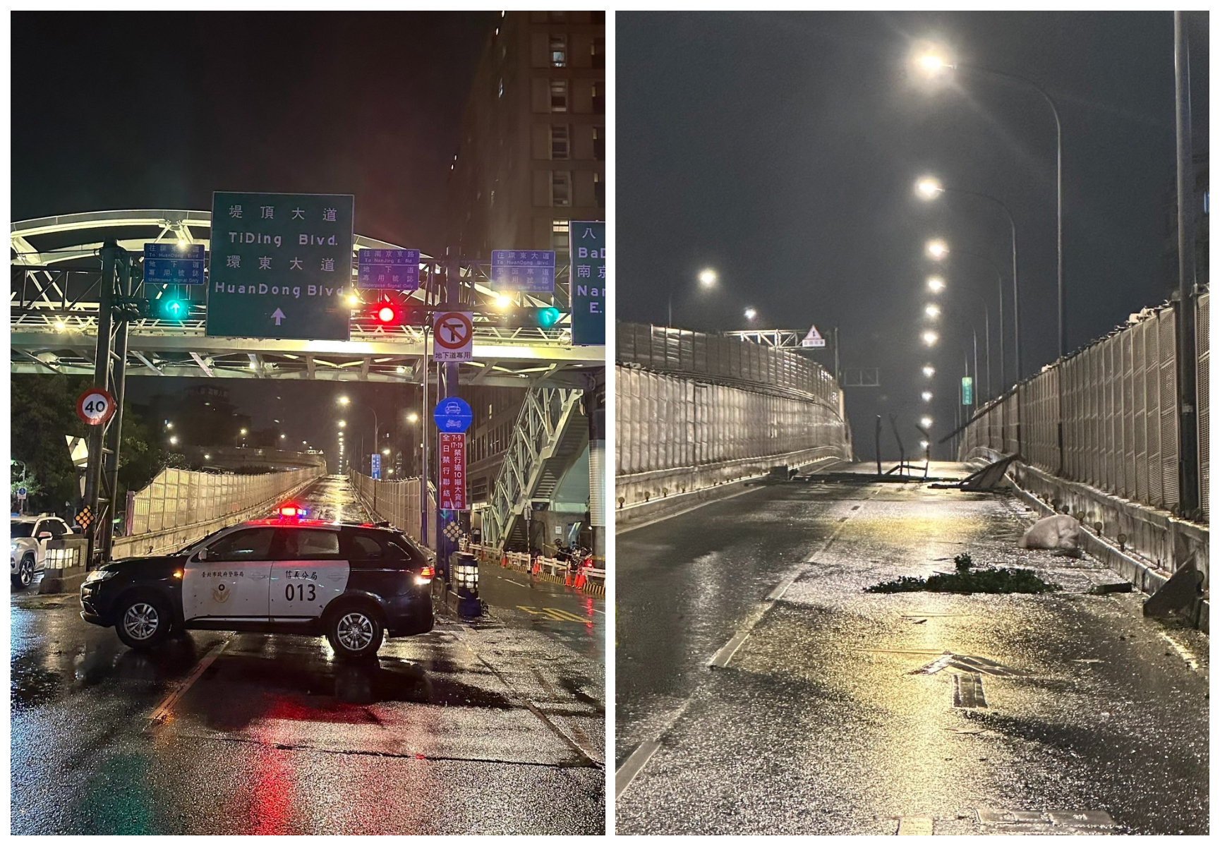警方到場管制，基隆路上環東匝道也暫時封閉。（左圖，翻攝畫面）環東匝道2車道佈滿了被強風吹落的遮陽棚架。（右圖，翻攝畫面）