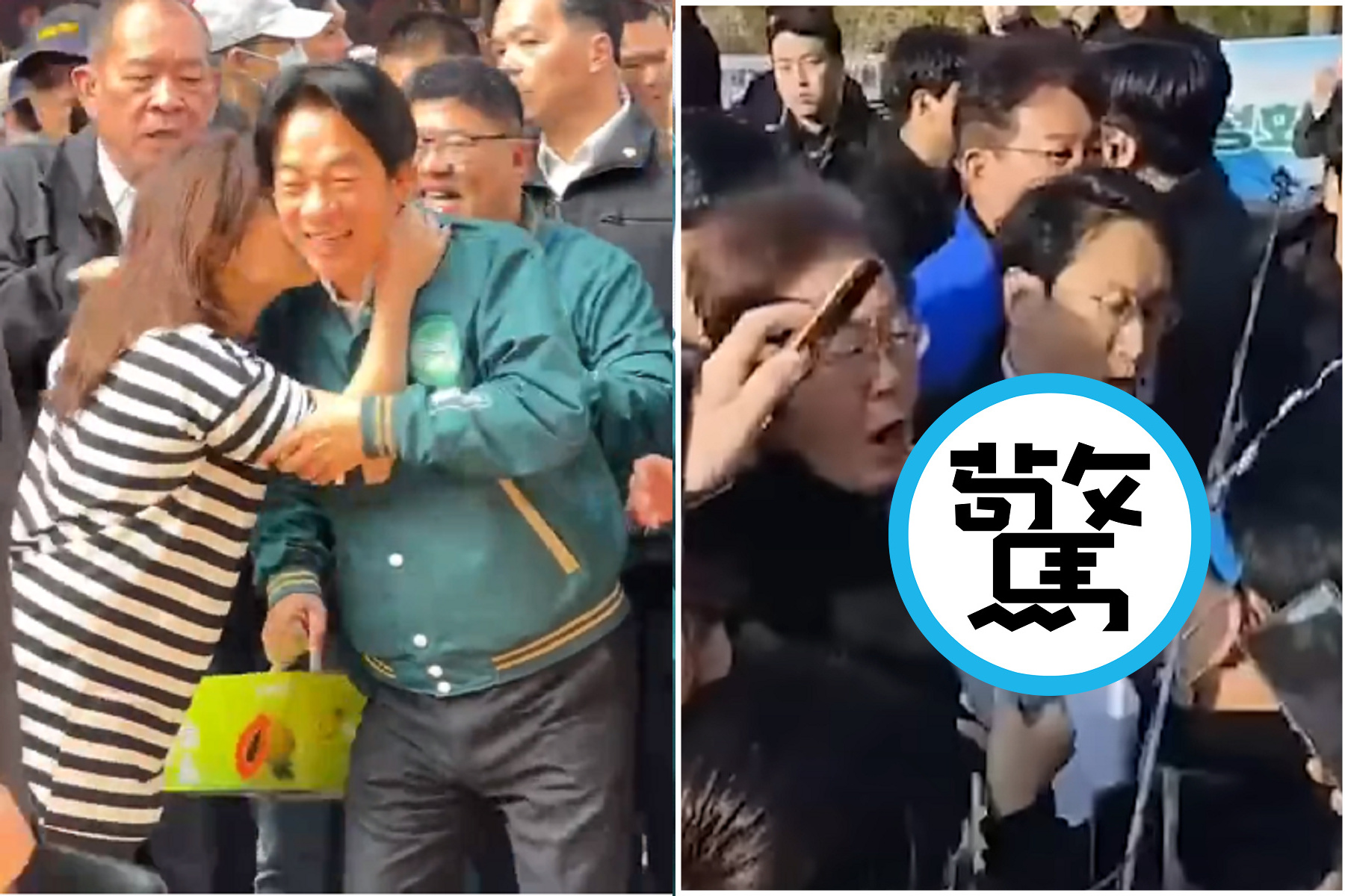 政治人物遇粉絲狀況多！賴清德被硬上強吻，韓國李在明遭「假狂粉」近距離狠刺。（翻自臉書+YT）