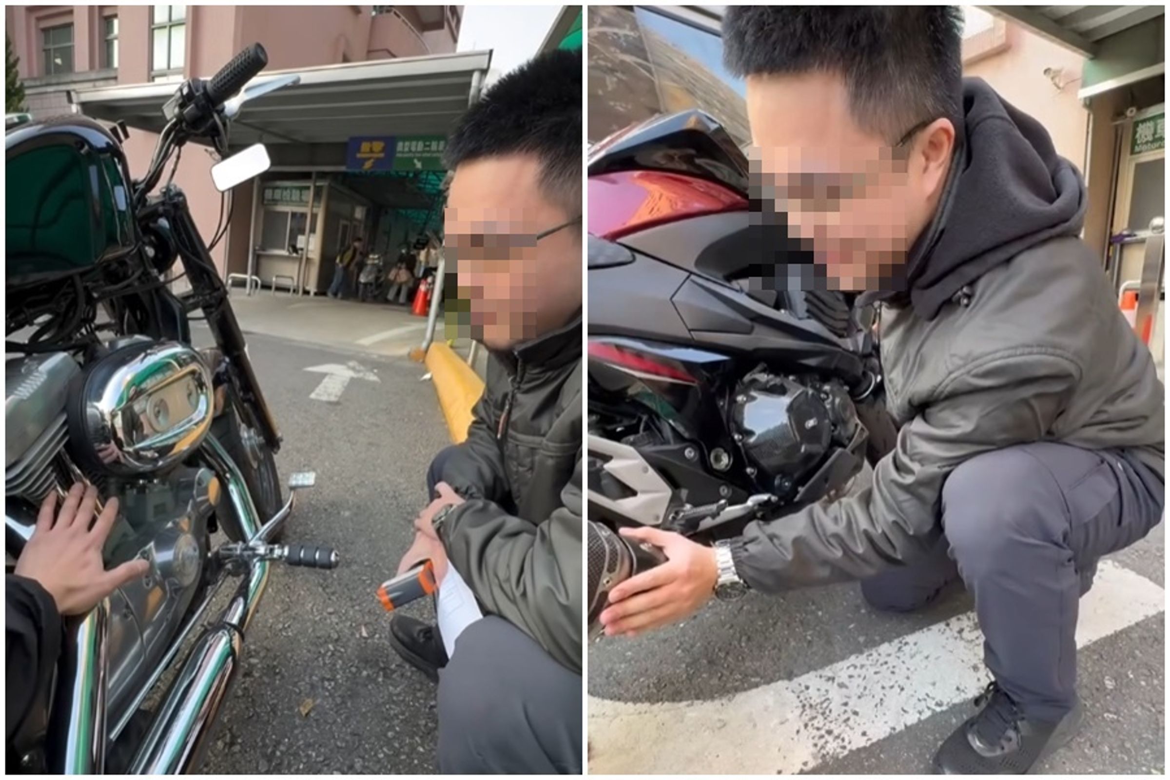 一名哈雷重機車到中壢監理站驗車,竟被手拿溫度槍的監理人員刁難,要求把手貼在排氣管頭段的隔熱裝置20秒。(翻攝自爆廢公社臉書社團)