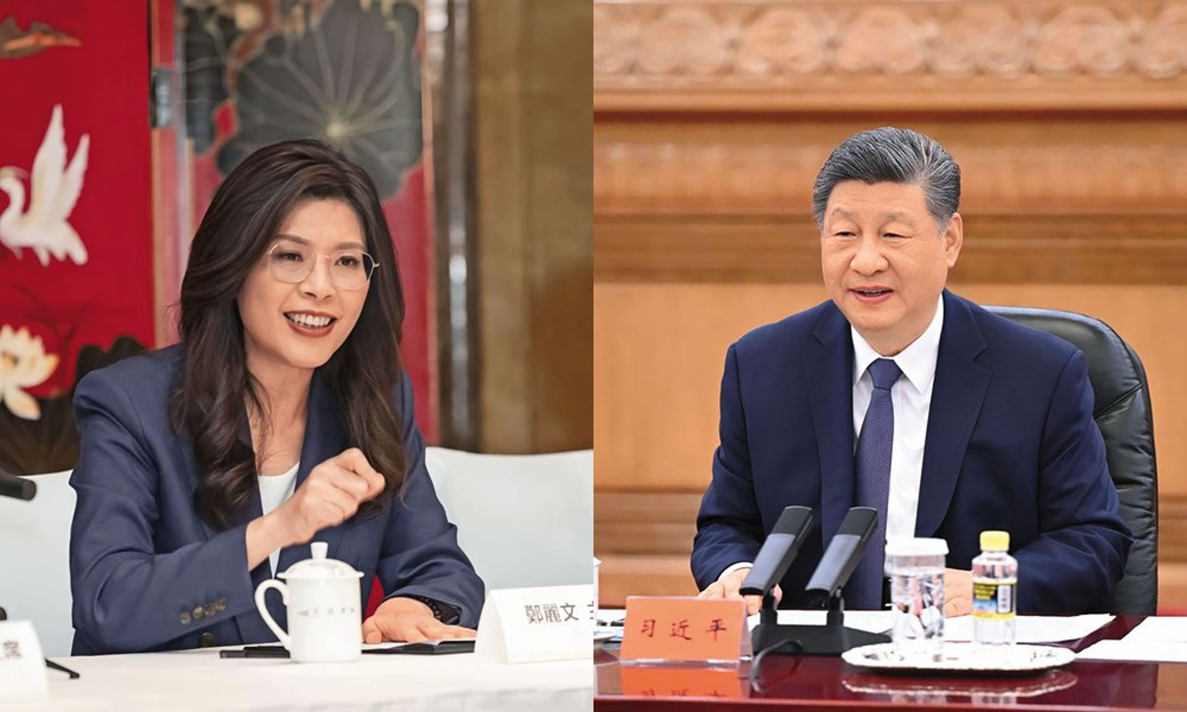 鄭麗文（左圖）親自操刀此次赴中行兩岸論述。習近平（由圖）不只會晤鄭麗文，還設午宴款待。（翻攝新華社X）
