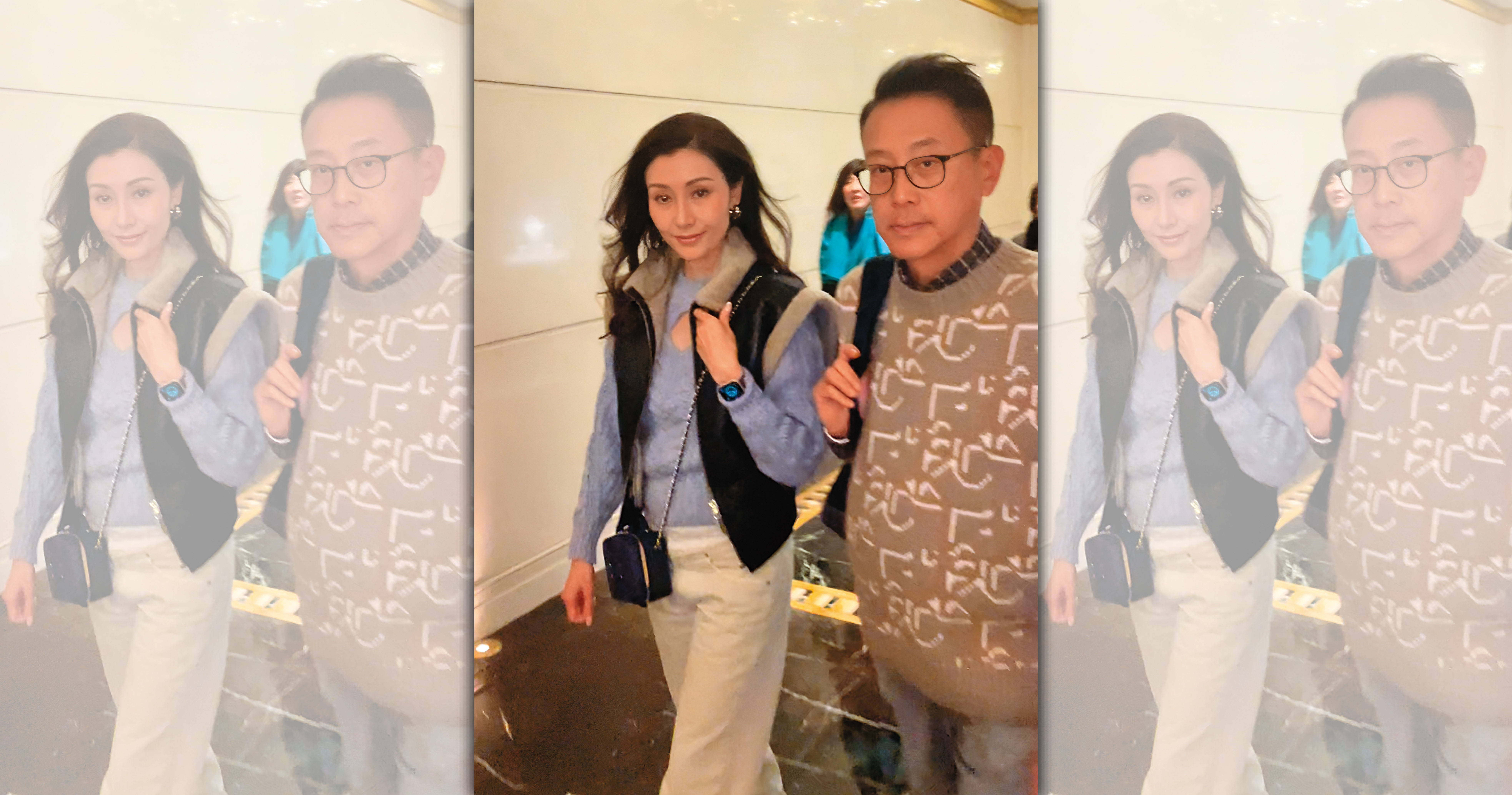 李嘉欣（左）與許晉亨（右）飛上海歡慶結婚15週年，2人穿著簡單從飯店出發。（讀者提供）