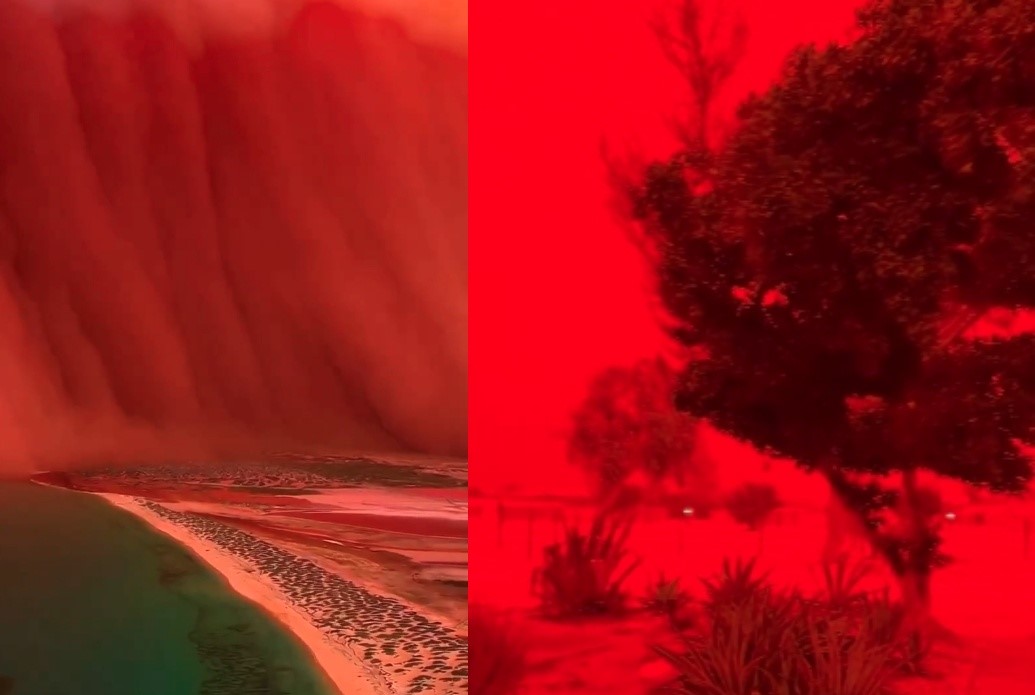 澳洲西海岸出現罕見的血紅天空，場景如同末日科幻電影。（翻攝自X）