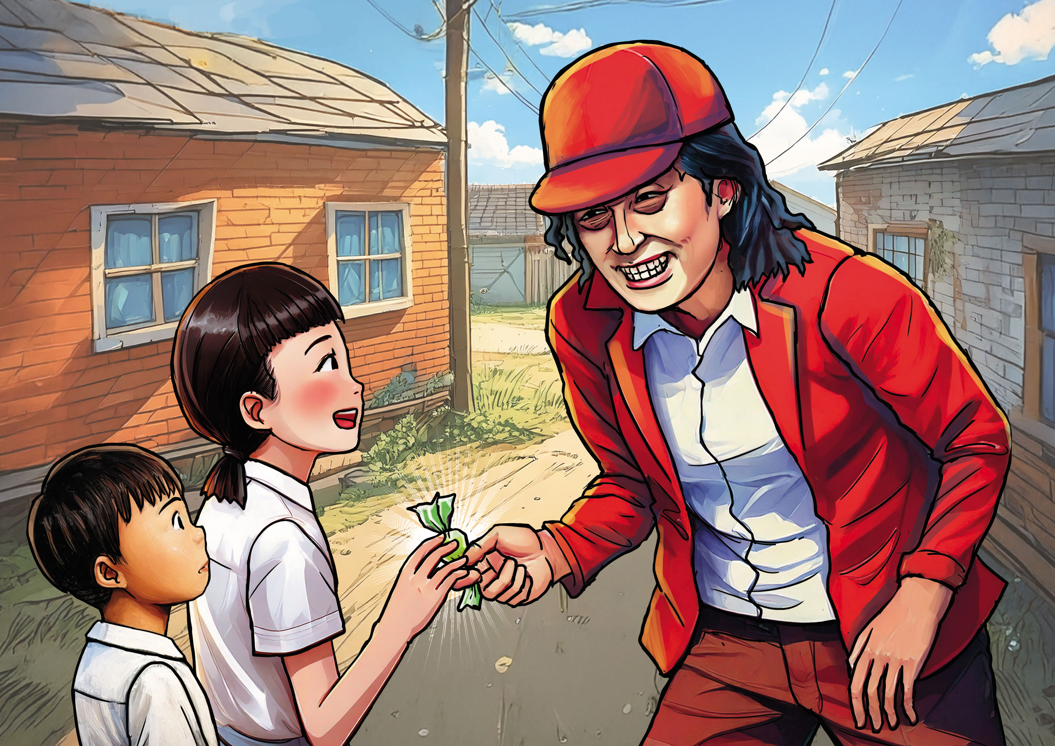 頭戴紅帽的婦人陳高蓮葉騙學童吃下有毒糖果，奪走7條命。（AI繪圖Adobe Firefly生成，本刊美術組後製）