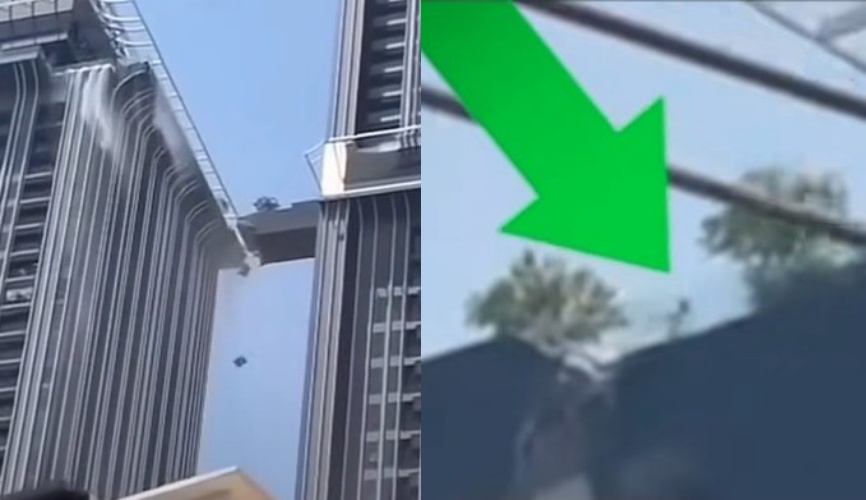 緬甸強震發生時，位於泰國曼谷通羅區的高級豪宅「Park Origin Thonglor」，其連接2棟大樓間的天橋也隨之崩裂。然而，這名男子（箭頭處）仍奮不顧身冒險跳過斷橋，躍至對面大樓。（tiktok @Bowyuri🇰🇷สะใภ้เกาหลี🇹🇭）