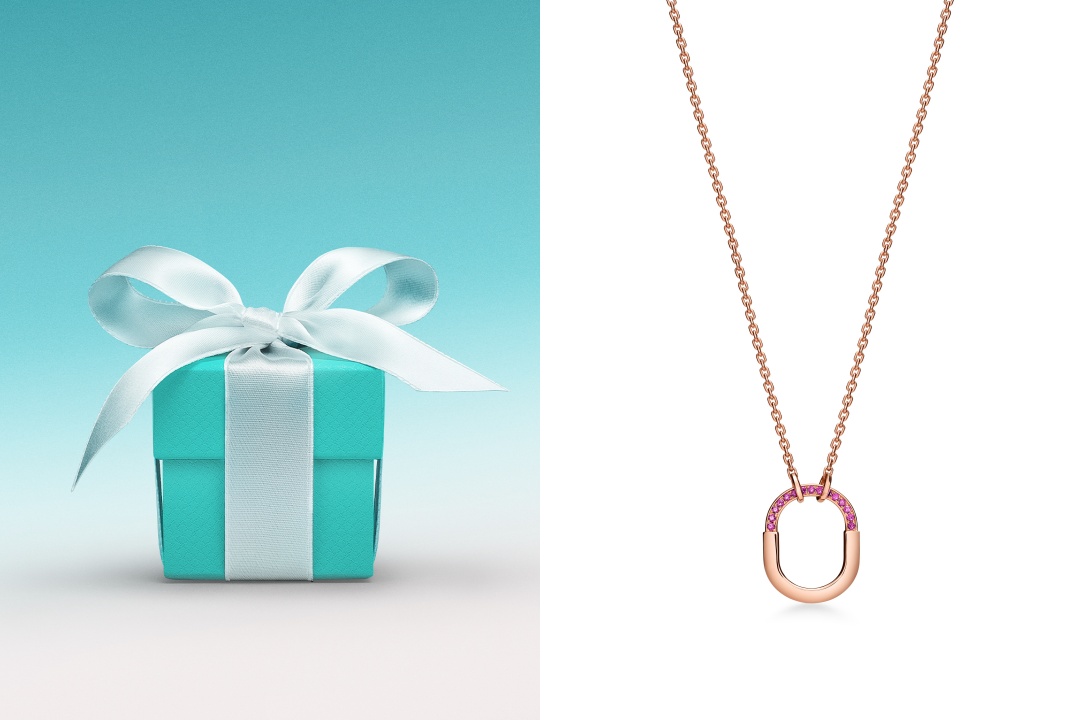 Tiffany Lock 18K玫瑰金鑲嵌粉色藍寶石鏈墜（小型款），價格店洽。（蒂芙尼提供）