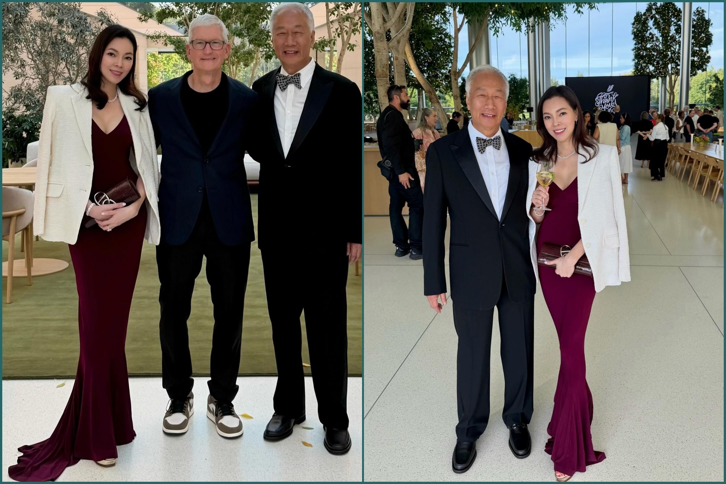 曾馨瑩與郭台銘出席蘋果執行長庫克退休晚宴,夫妻倆在風波後首度同框,笑容滿面。(翻攝自曾馨瑩IG)