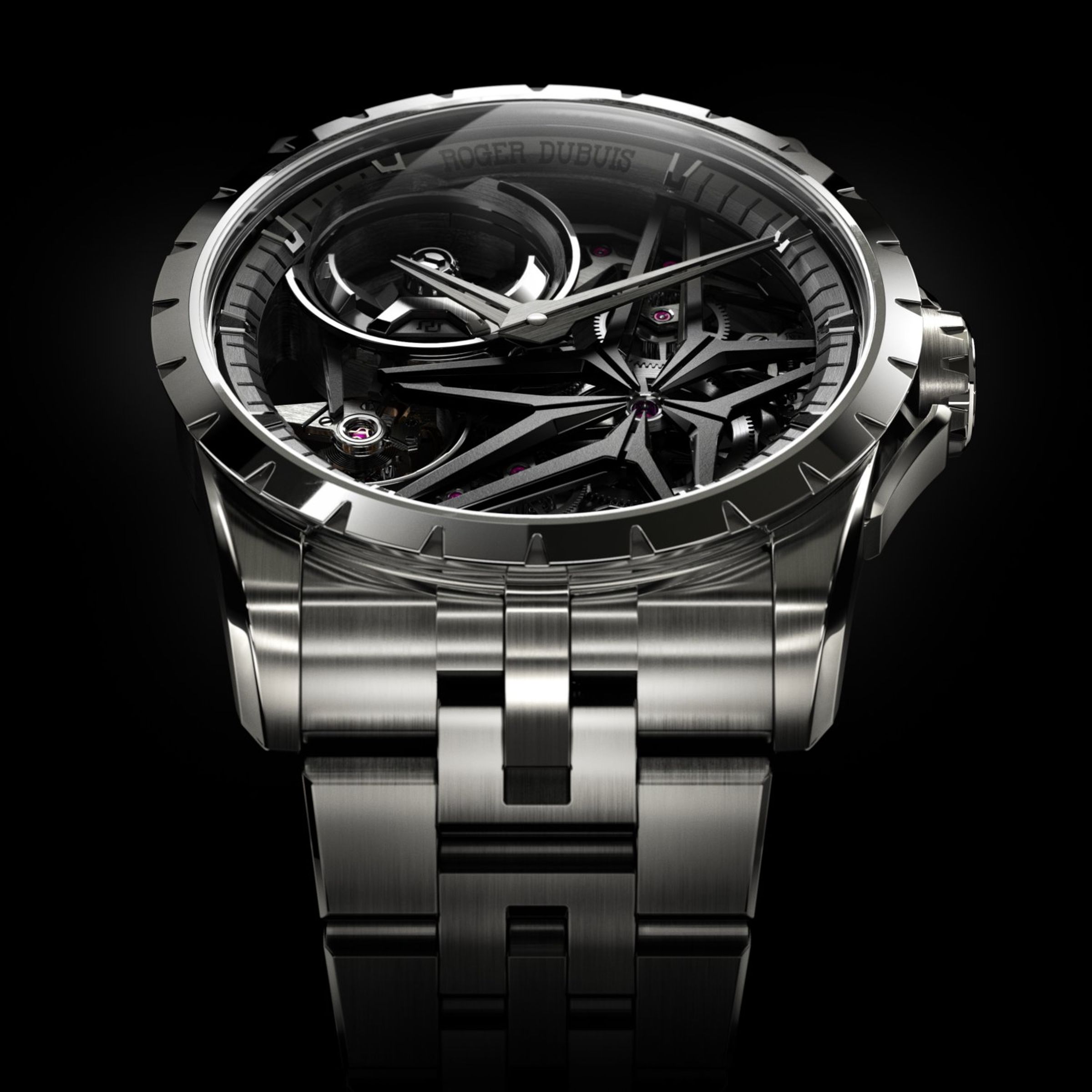 ROGER DUBUIS Excalibur Monobalancier Titanium微型自動盤單擺輪腕錶，是品牌系列中重量最輕盈的全金屬產品，也最能呼應目前大行其道的「一體式鍊帶運動錶」的潮流。定價約NT$2,135,000。