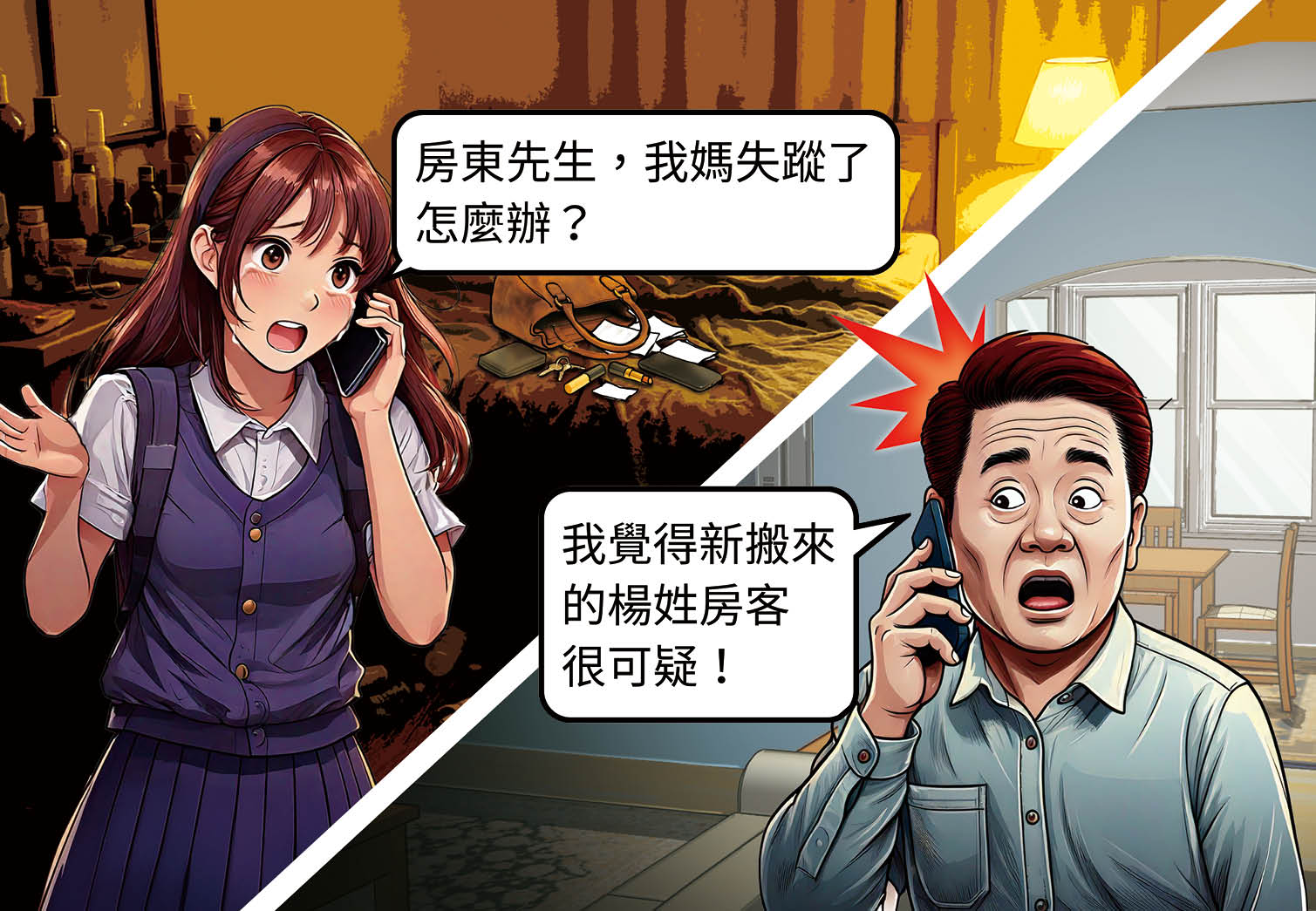 死者女兒（左）找不到媽媽，聯繫房東（右），房東則懷疑楊忠平跟此事有關。（示意畫面，AI繪圖FREEPIK生成，本刊美術組後製）