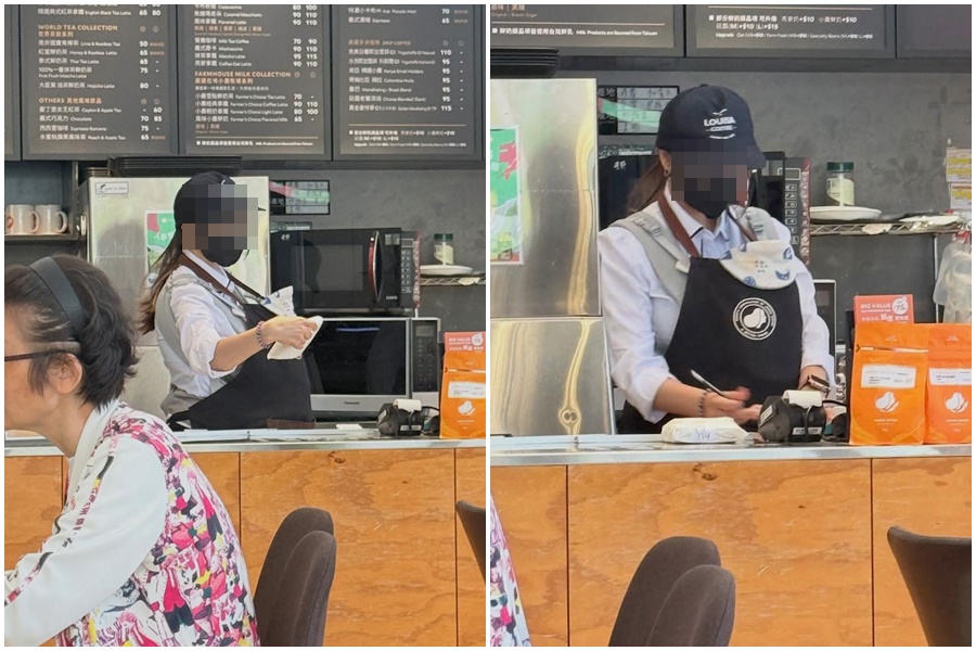 一名網友在連鎖咖啡店路易莎見到一名女店員「肚子蓬蓬的」，才知道是是員工揹著寶寶工作。（翻攝自Threads＠misa_0703授權）