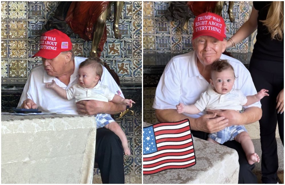 川普抱著6個月大的孫子亞歷山大「上工」。（翻攝X@TiffanyATrump）