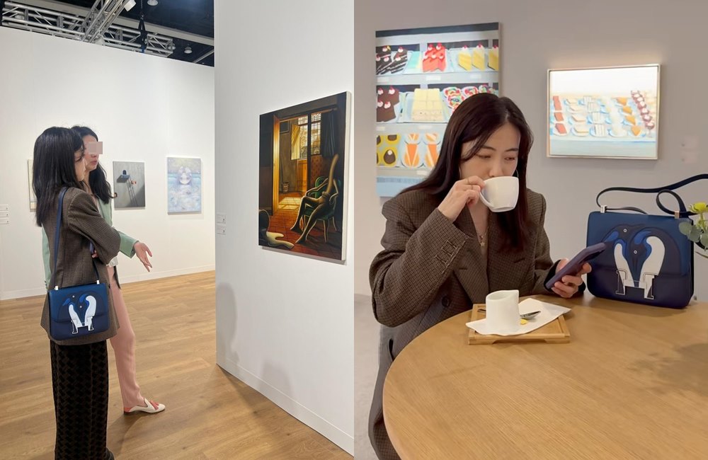 甘比拎了一顆價值超過新台幣400萬元愛馬仕包包，現身展覽會場。（翻攝小紅書）