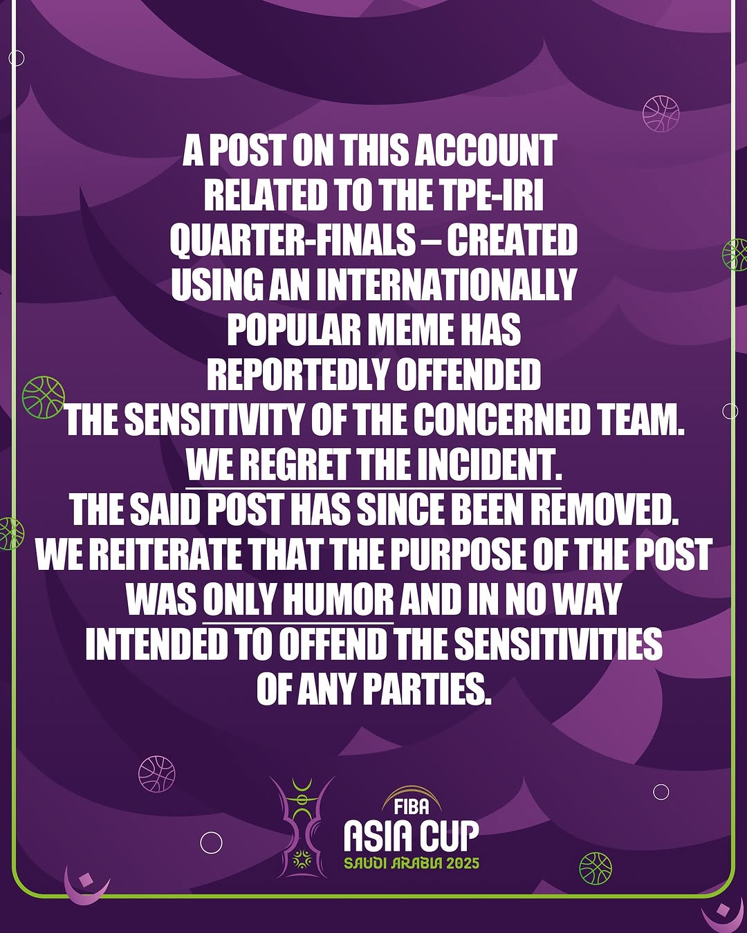FIBA Asia Cup官方IG帳號發哏圖嘲諷台灣男籃遭伊朗逆轉，下架貼文後稱只是想幽默一下，絕無冒犯之意。（翻攝自IG@asiacup）