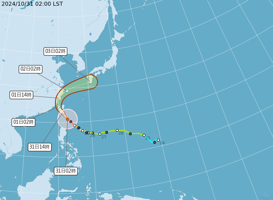 康芮中心位於鵝鑾鼻東南東方海面，正逐漸向西北轉北移動，其暴風圈已進入花蓮、台東及南投、嘉義以南陸地。（中央氣象署提供）