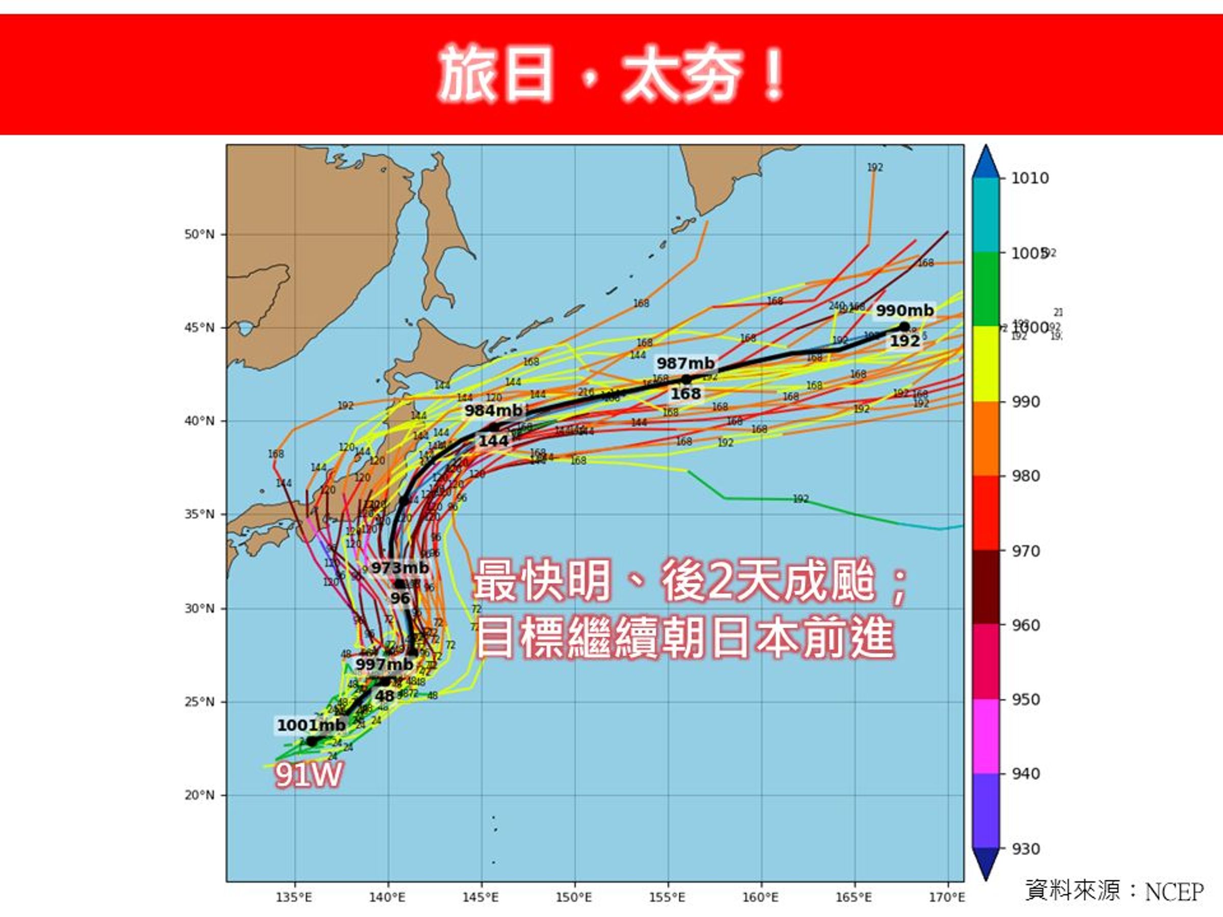 氣象專家林得恩指出,另一個熱帶擾動(91W)最快明天生成為第7號颱「安比」,形成三颱共舞的局面。(翻攝自「林老師氣象站」臉書)