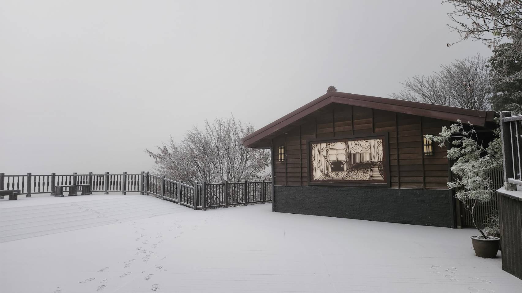 宜蘭太平山昨日深夜開始降雪,觀景平台今晨薄薄積雪畫面優美。(農業部林業及自然保育署宜蘭分署提供)