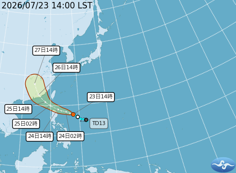 熱帶性低氣壓TD13今日14時的中心位置於北緯16.9度、東經127.9度,以每小時26公里速度,向西北西進行。(中央氣象署提供)