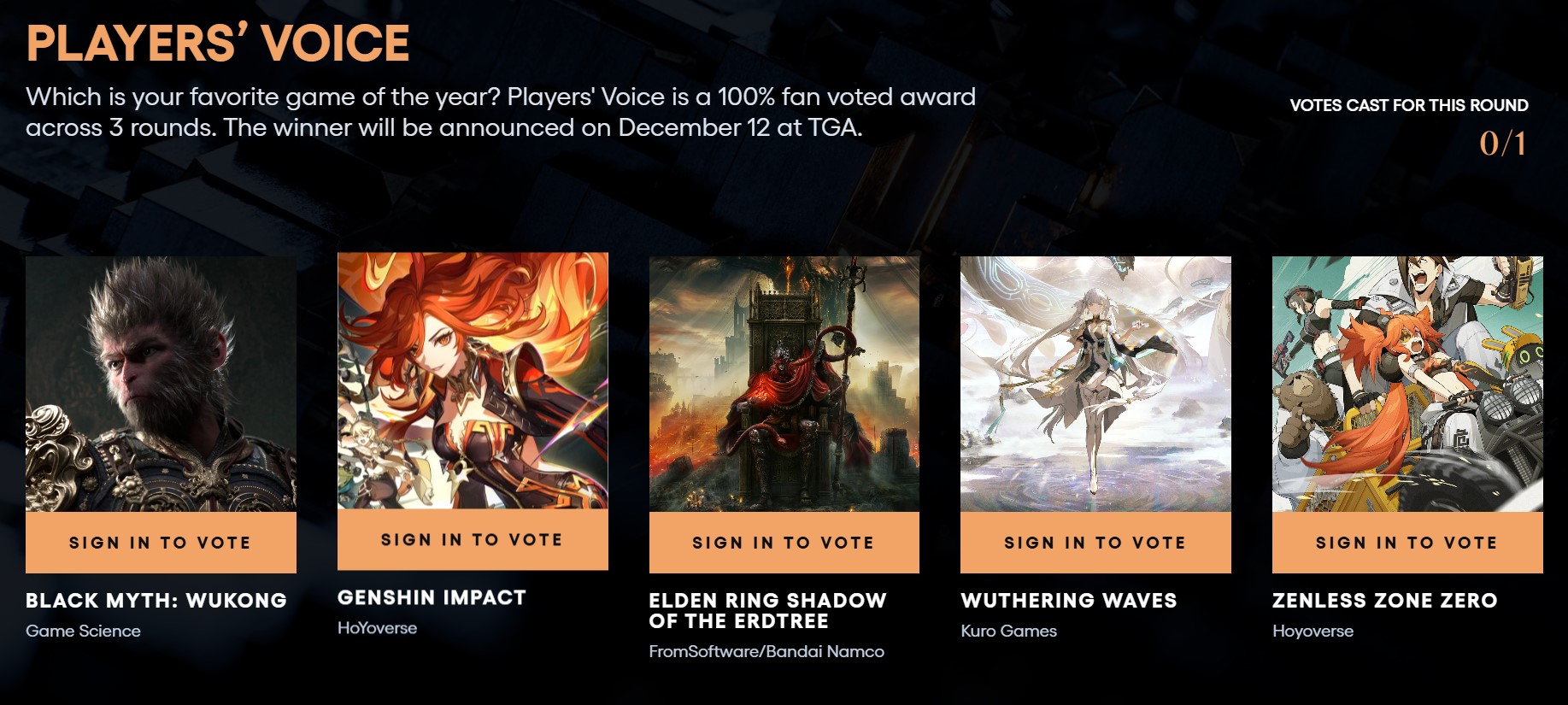 TGA官方公佈玩家之聲最終一輪的決選名單，包括4款中國遊戲、1款日本遊戲。（翻攝自TGA官網）