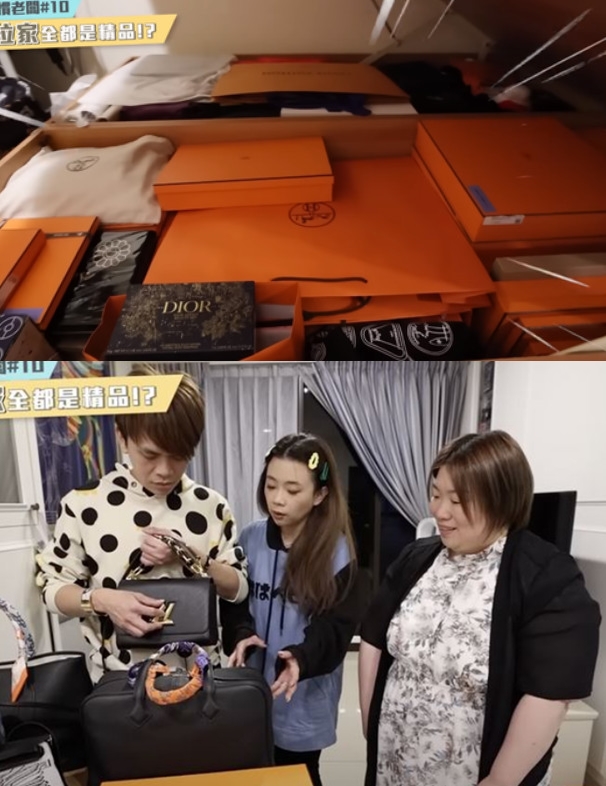 蔡阿嘎曾去開箱蘿拉家中收藏的大量精品包，驚覺她消費力驚人。（翻攝蔡阿嘎YT頻道）