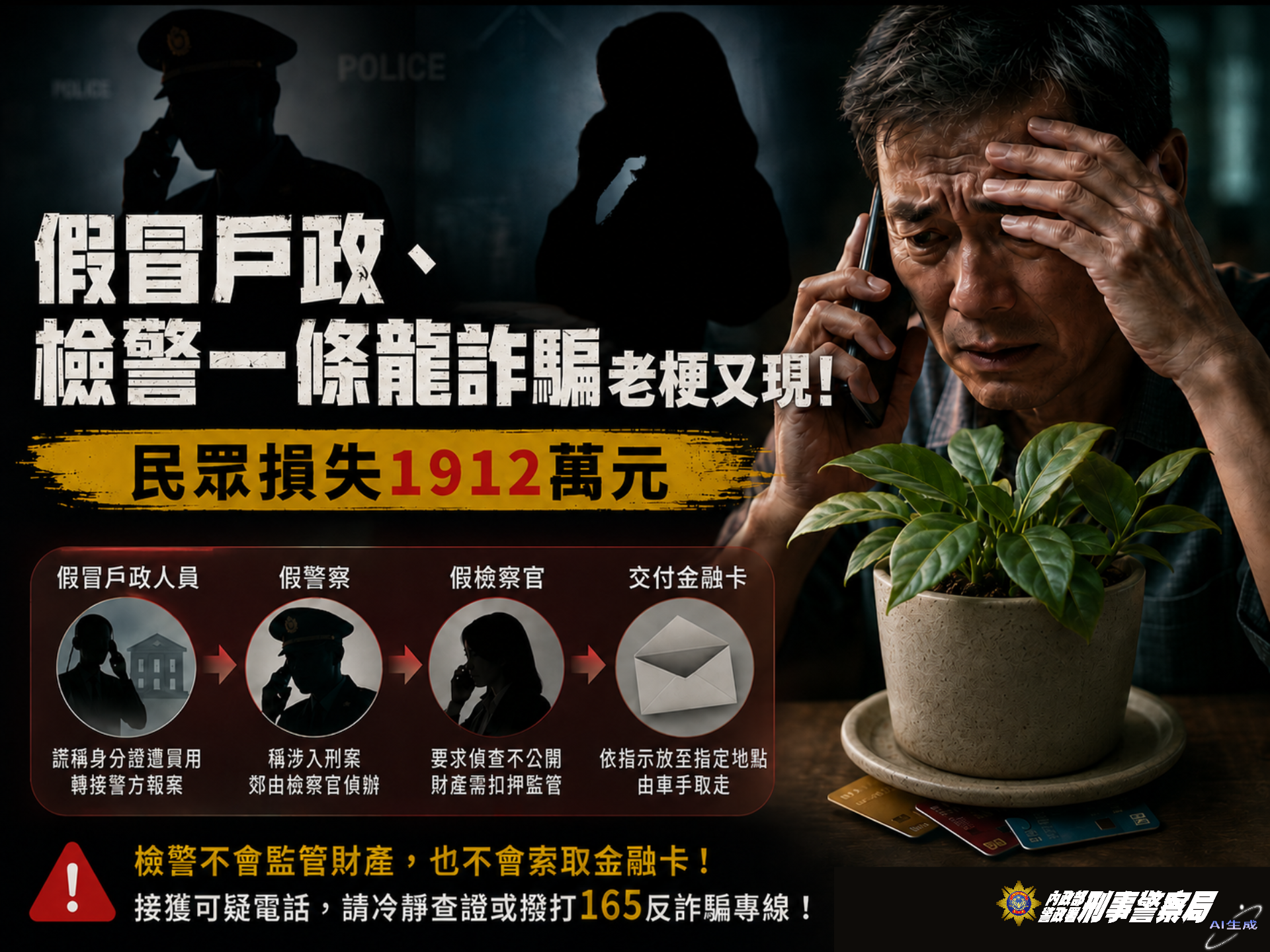 在種種話術威逼下,鄭男將3張金融卡裝在信封藏在花盆下,1,912萬餘元積蓄被提領一空,名下帳戶還淪為洗錢工具。(刑事局提供)