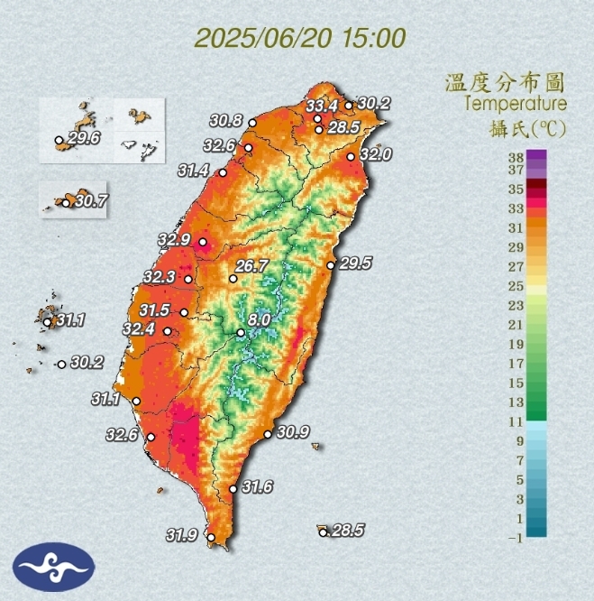 台灣各地多處要慎防高溫。（翻攝自中央氣象署官網）