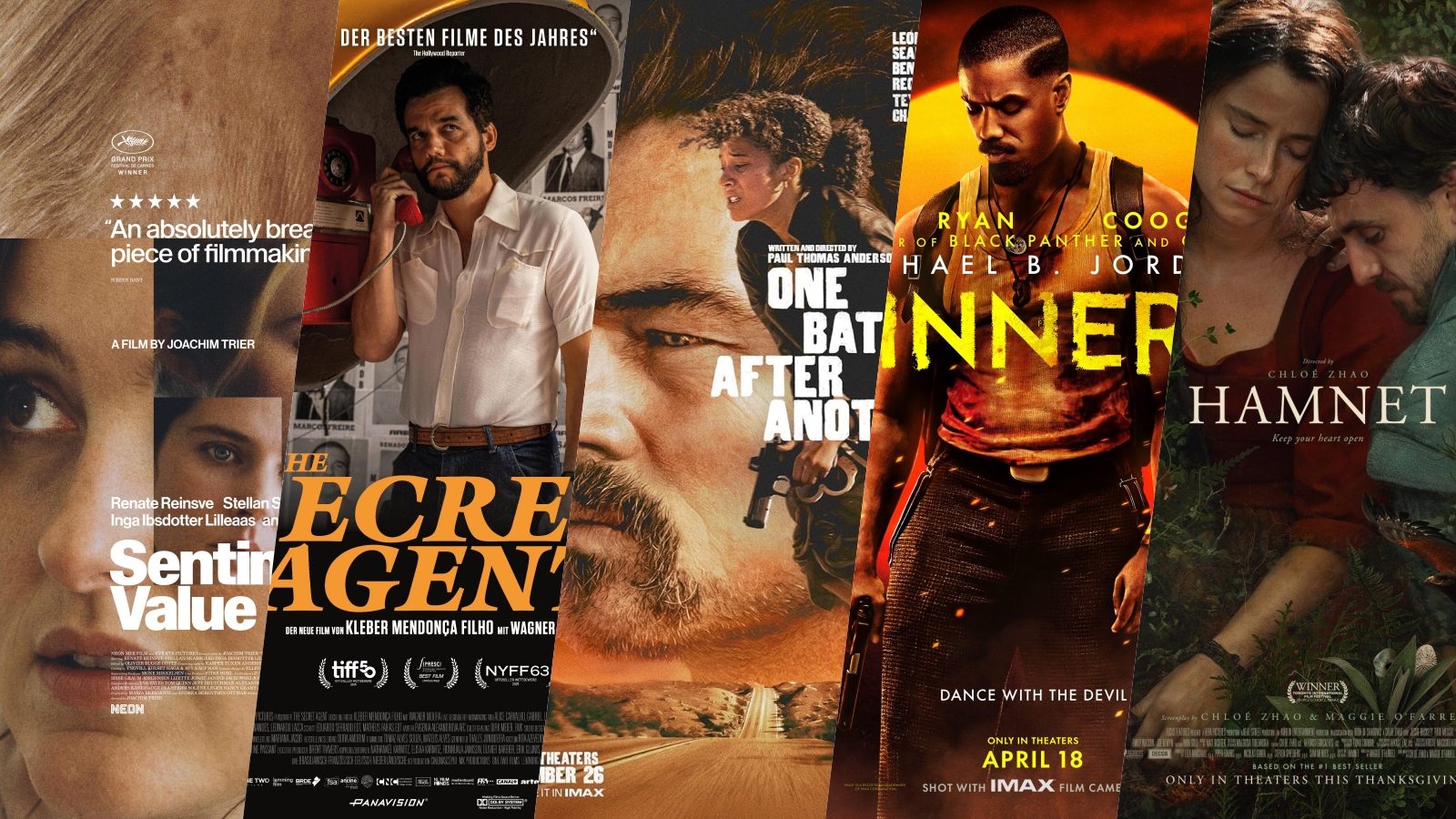 2026奧斯卡最佳影片鹿死誰手？候選名單一次看。（左起《情感的價值》《這不只是個間諜故事》《一戰再戰》《罪人》《哈姆奈特》，翻攝自imdb）