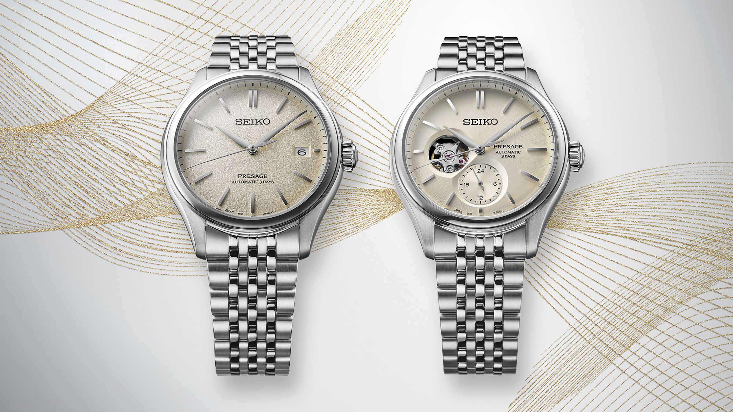 SEIKO Presage Classic以絲綢為靈感設計面盤，秒針前端下折的設計、弧形鏡面等細節都呈現出錶款的細膩之處，Presage Classic也是松本卓也來台灣的展演重點。定價NT$34,000（左）NT$40,000（右）。