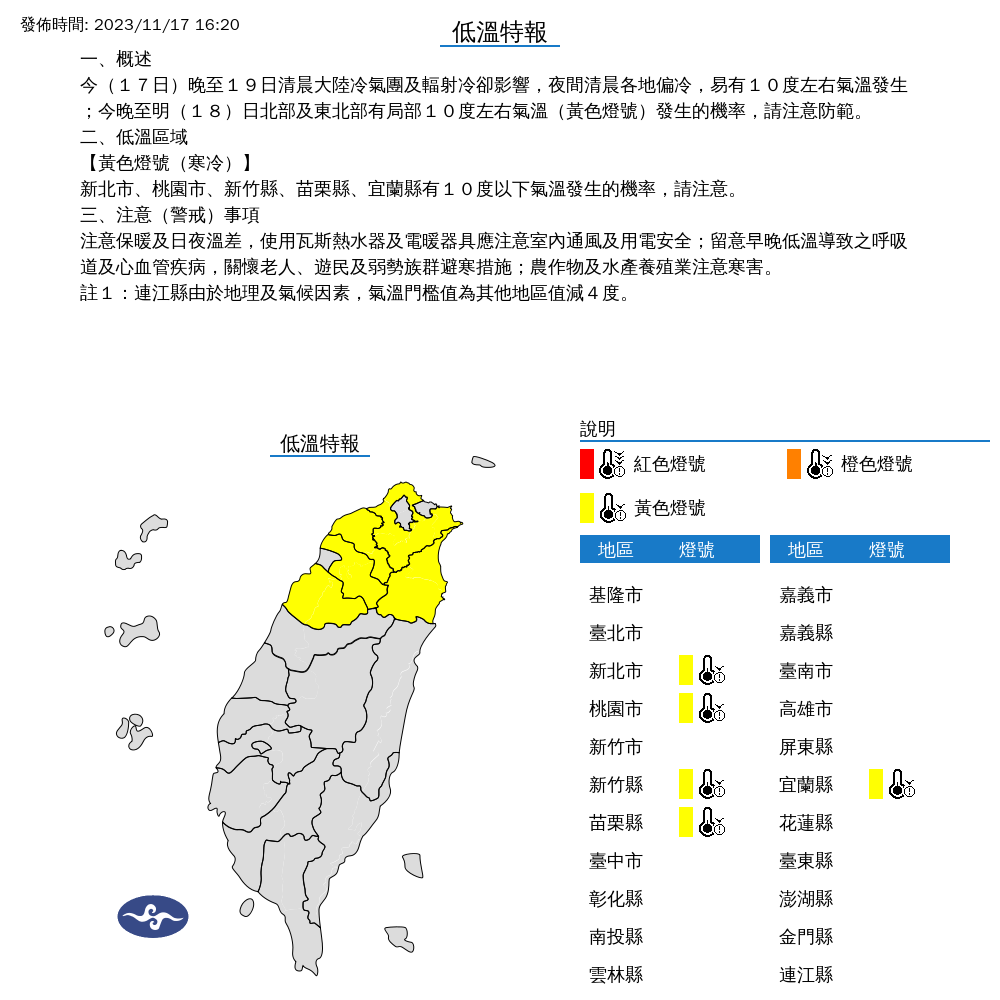 氣象署針對5縣市發布低溫特報。（氣象署提供）