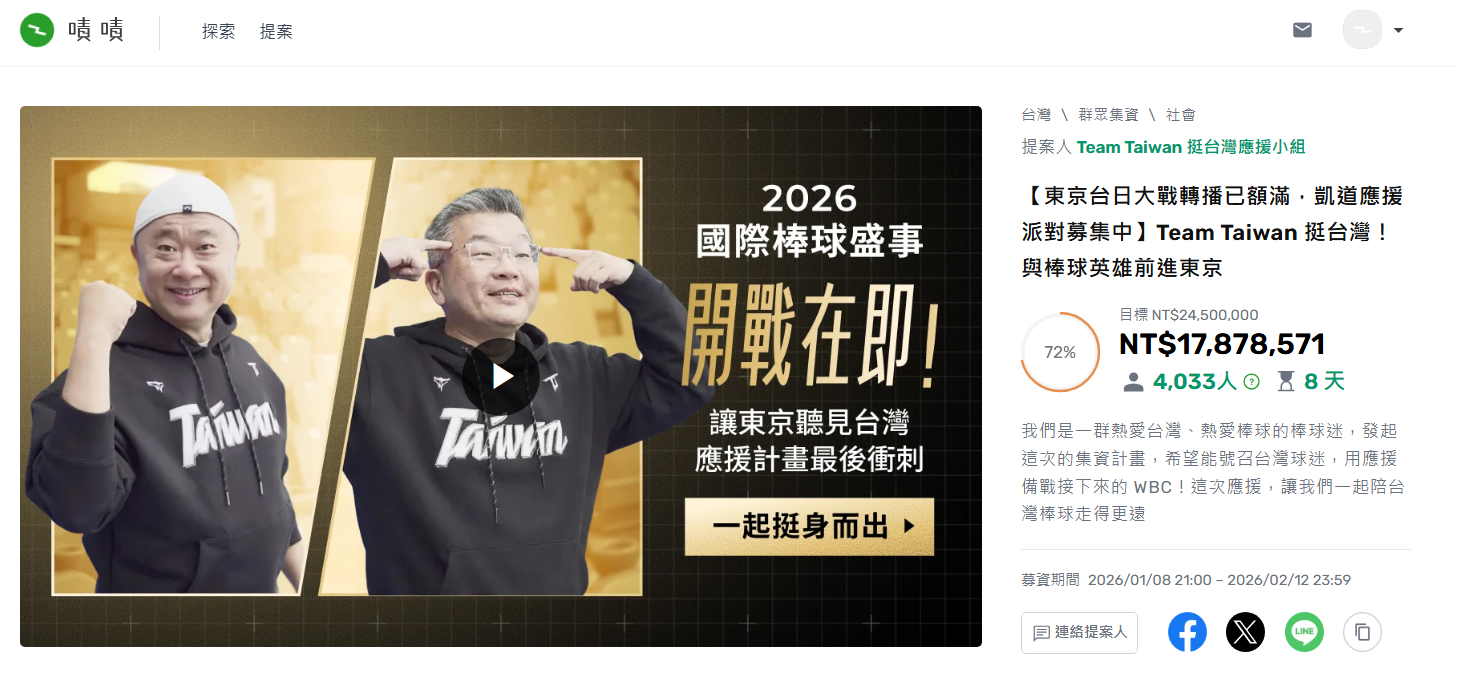 民間募資規劃「東京台日大戰轉播」，遭爆有超賣問題。（翻攝嘖嘖官網）