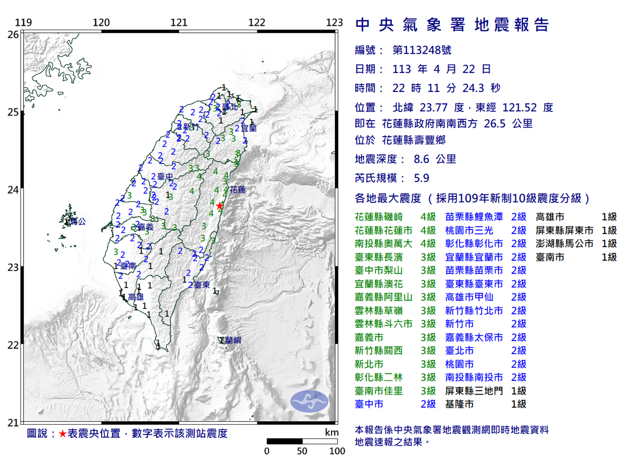 晚間22時11分又發生規模5.9餘震。(中央氣象署提供)