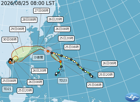 颱風「紫檀」與「閃電」均降為熱帶性低氣壓。(翻攝自中央氣象署官網)