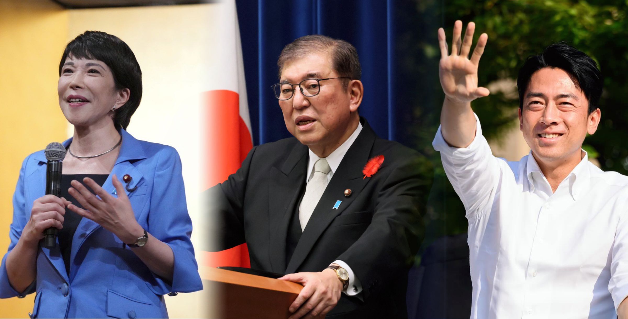 石破茂(中)內閣支持度跌至22%,高市早苗(左)、小泉進次郎(右)接任首相呼聲高。(翻攝X)