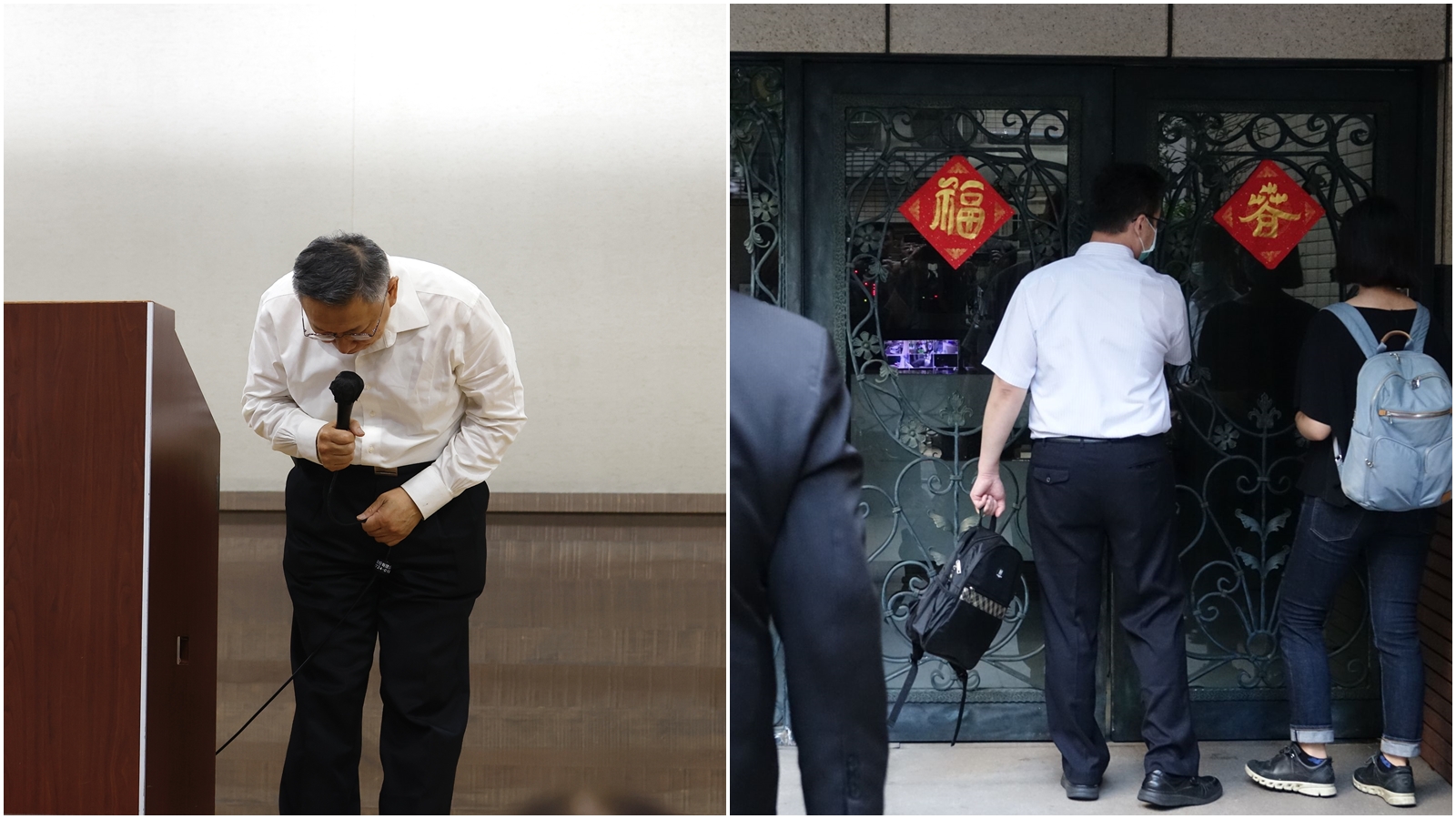 柯文哲（左）昨才為政治獻金疑雲鞠躬道歉，今早檢廉因京華城案率隊前往柯文哲的住處進行搜索。