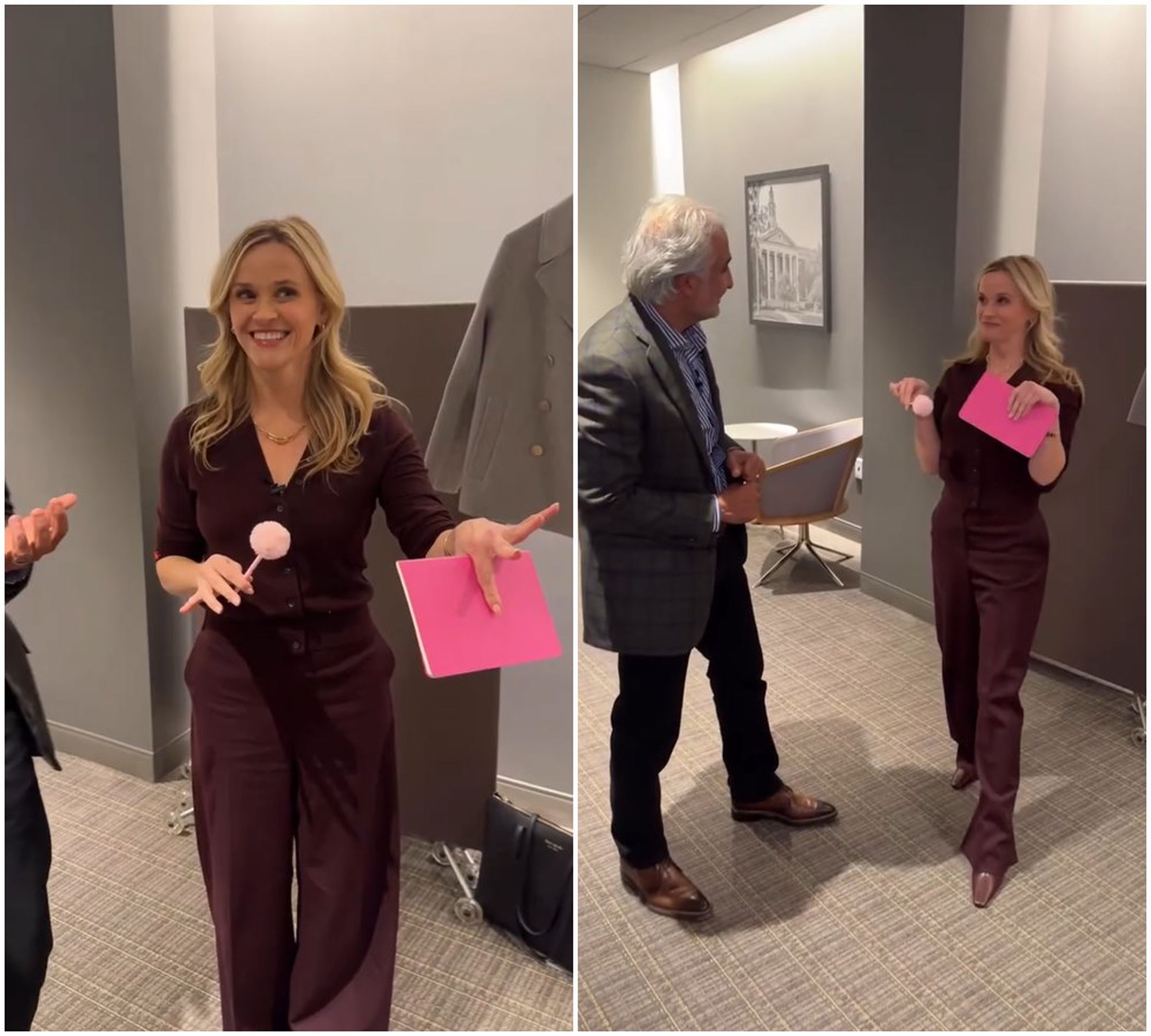 薇斯朋重現經典的「彎腰撿東西」橋段。(翻攝reesewitherspoon IG)