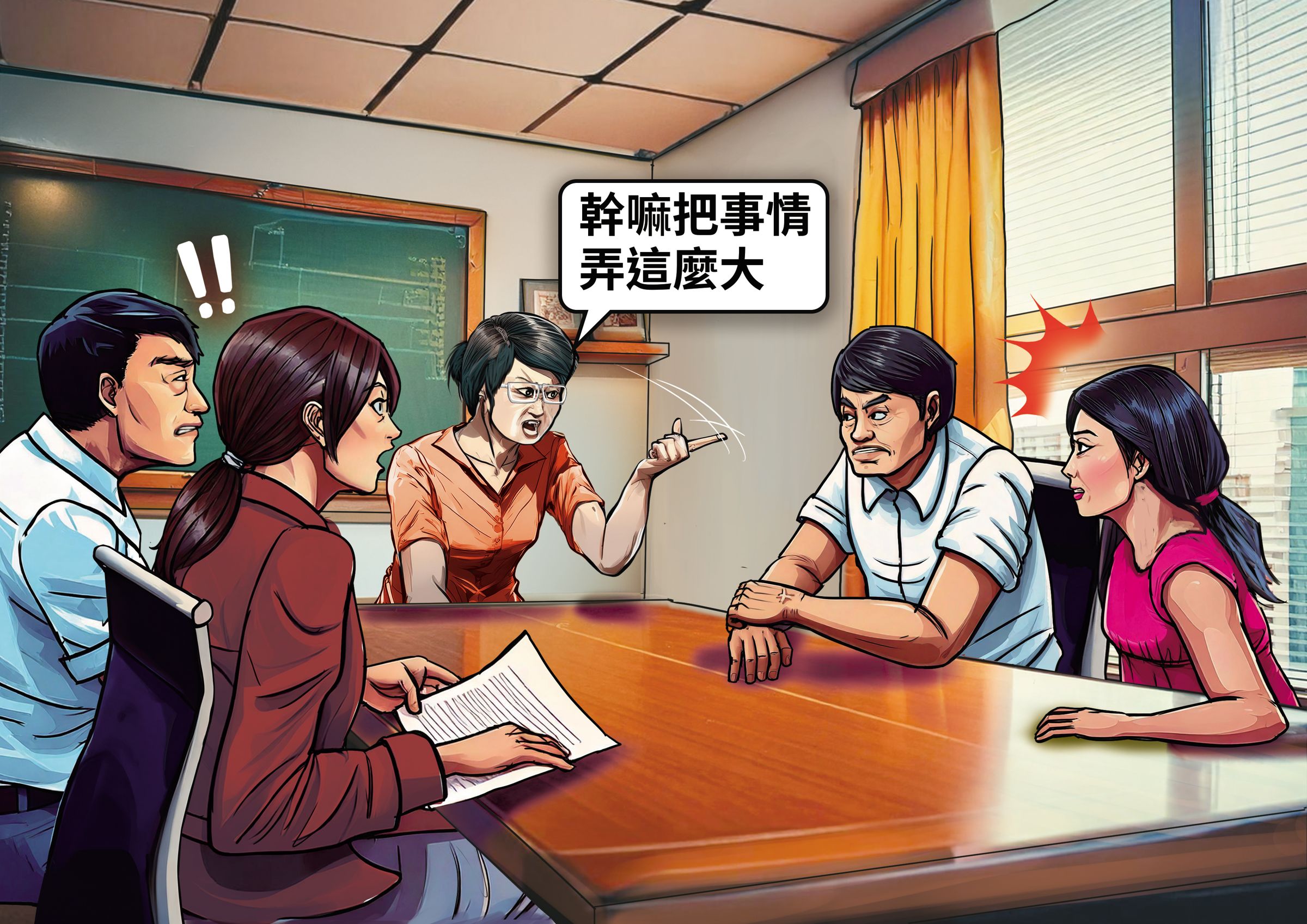 校園內發生學童揮刀事件,但校長竟在座談會上認為是家長把事情鬧大,引發家長不滿。(AI繪圖Adobe Firefly生成,本刊美術組後製)