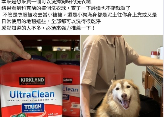 網友分享用洗衣球清洗被家中毛小孩蹂躪的毛毯或衣物，洗完乾淨且狗味完全不見。（翻攝臉書社團「Costco好市多 商品經驗老實說」）