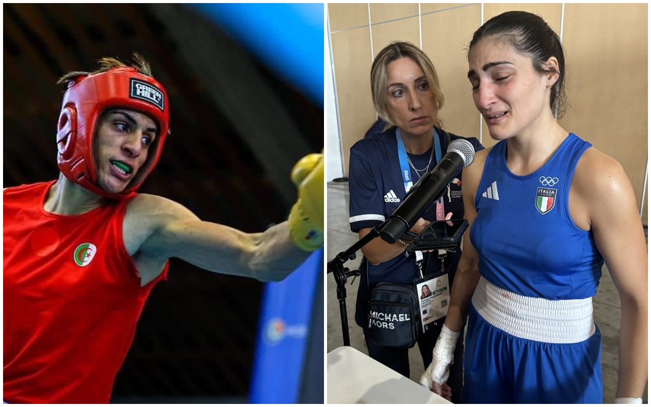 阿爾及利亞拳擊選手哈利夫（Imane Khelif，左），近日因為真實性別遭質疑，義大利選手卡里尼（Angela Carini，右）在跟哈利夫奧運比賽時淚崩棄賽。（翻攝自Imane Khelif臉書／推特）