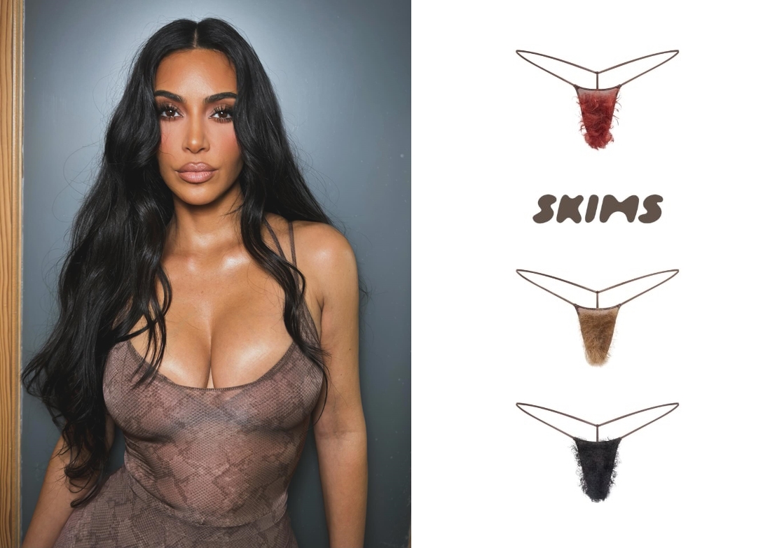 本週金卡戴珊再次挑戰大眾的接受度,推出全球首款「仿體毛丁字褲」。(翻攝自金卡戴珊、SKIMS IG)