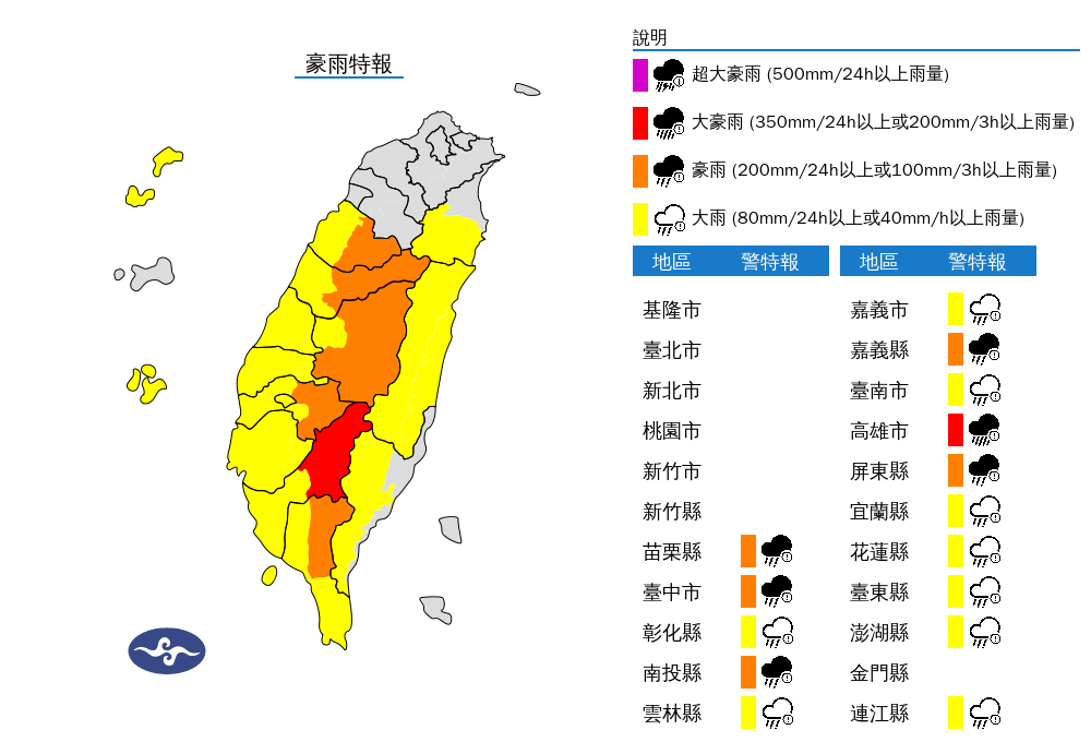 今日高雄市山區將有局部豪雨或大豪雨，苗栗縣山區、台中市山區、南投縣山區、嘉義縣山區及屏東縣山區有局部大雨或豪雨的可能。（中央氣象署提供）
