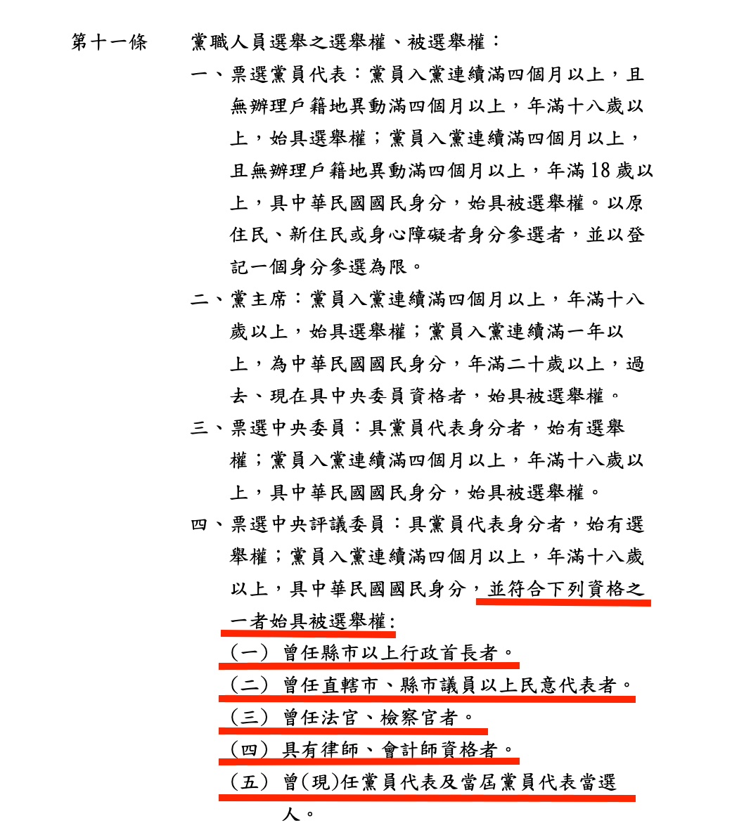民眾黨本月11日中央委員會修正通過《黨職人員選舉辦法》，新增5條件（紅線處）限縮中評委的候選資格。（讀者提供）