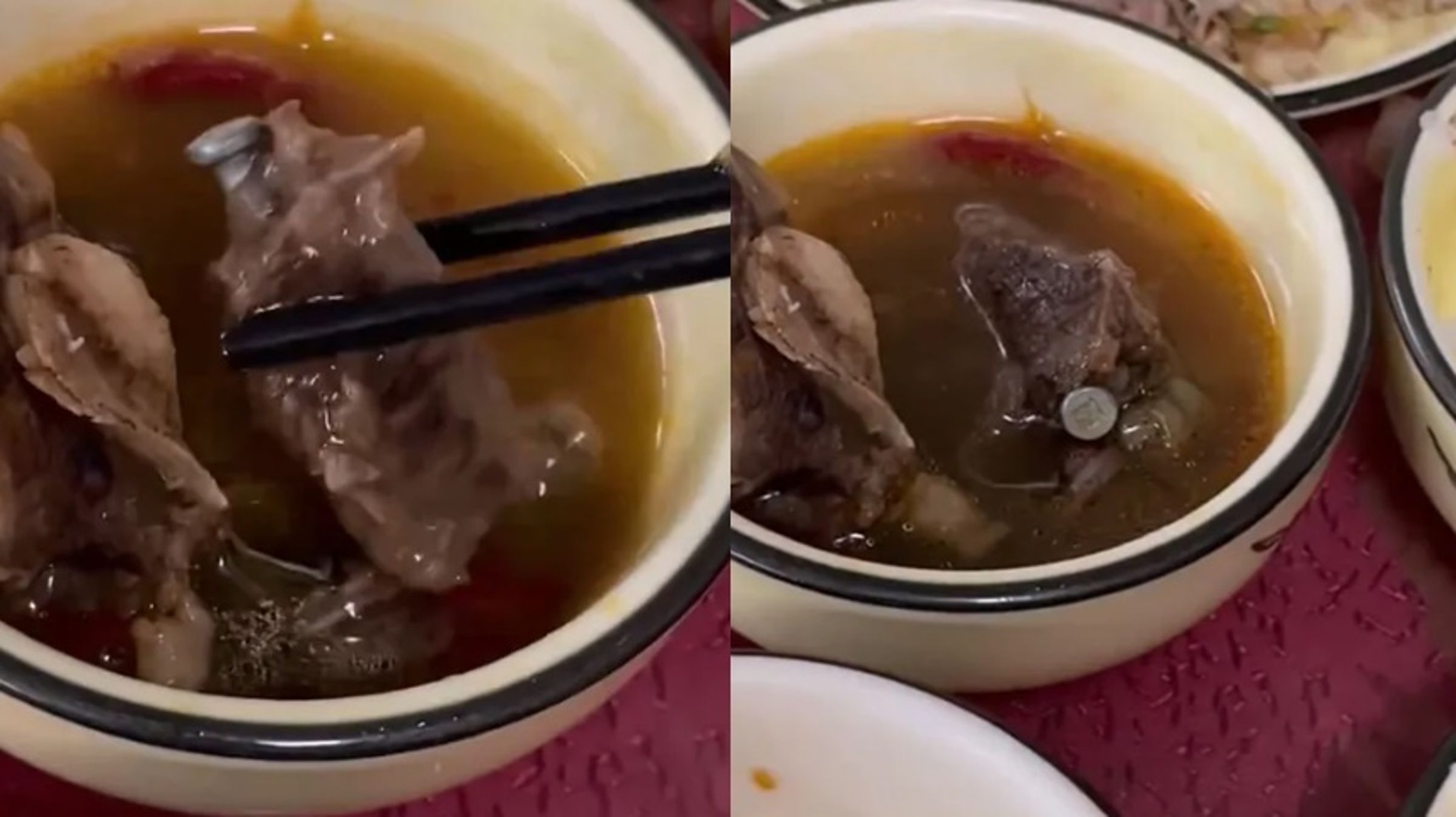 有中國民眾在廣西柳州市一家餐廳疑似吃到人肉湯。(翻攝自推特@LUOXIANGZY)