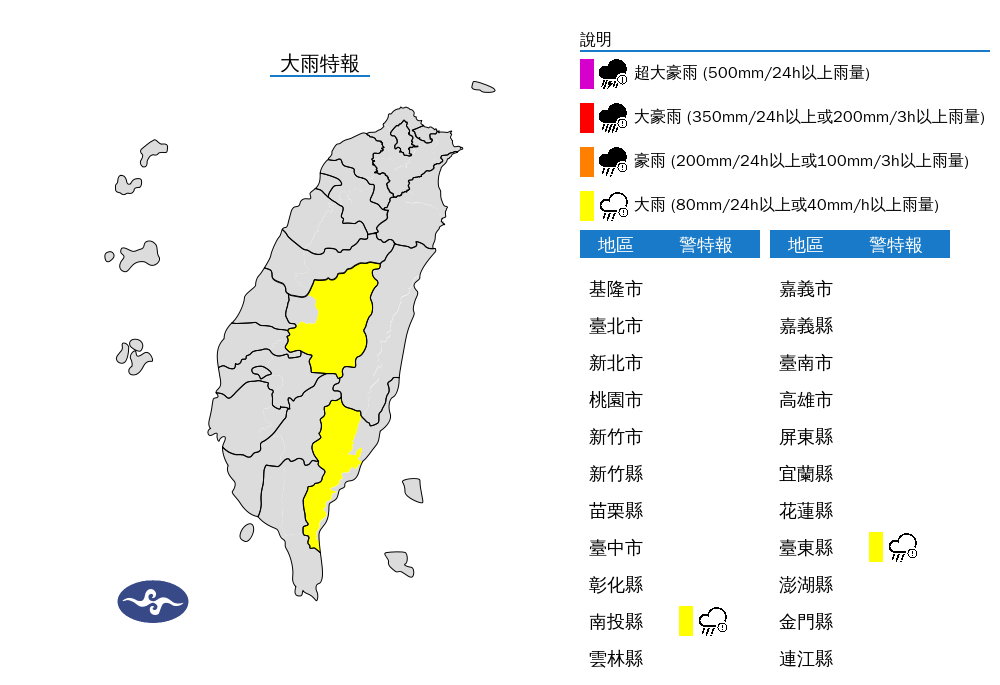 南方水氣北移，今日南投及台東山區有局部大雨發生的機率，需注意瞬間大雨，山區慎防坍方及落石。（氣象署提供）