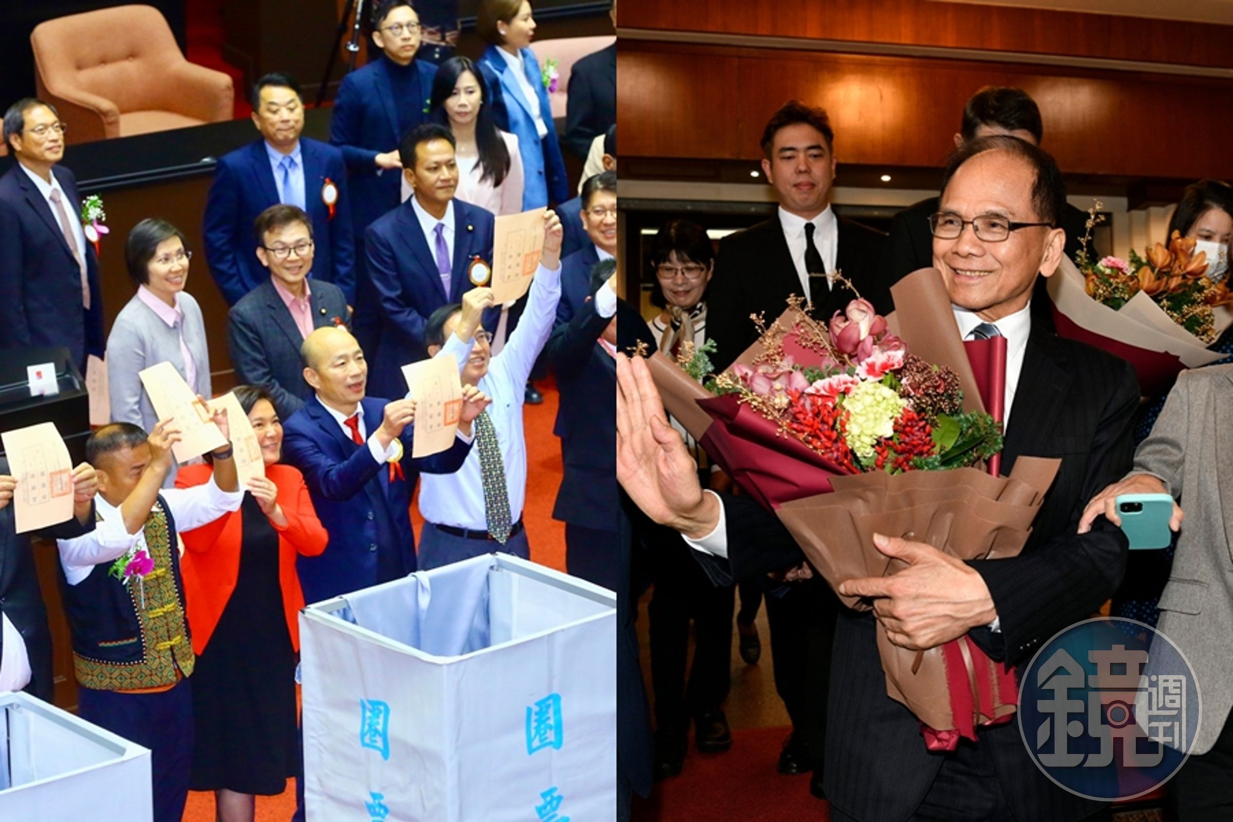 國會龍頭戰日前落幕，最終由國民黨以人數優勢讓韓國瑜當選（左圖），前院長游錫堃（右圖）則在落選後請辭。