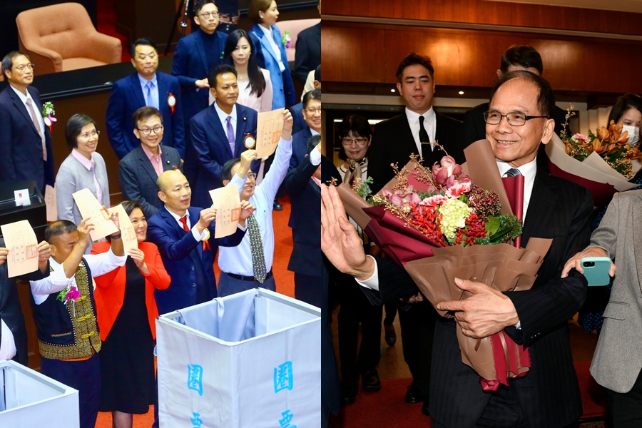 國會龍頭戰日前落幕，最終由國民黨以人數優勢讓韓國瑜當選（左圖），前院長游錫堃（右圖）則在落選後請辭。