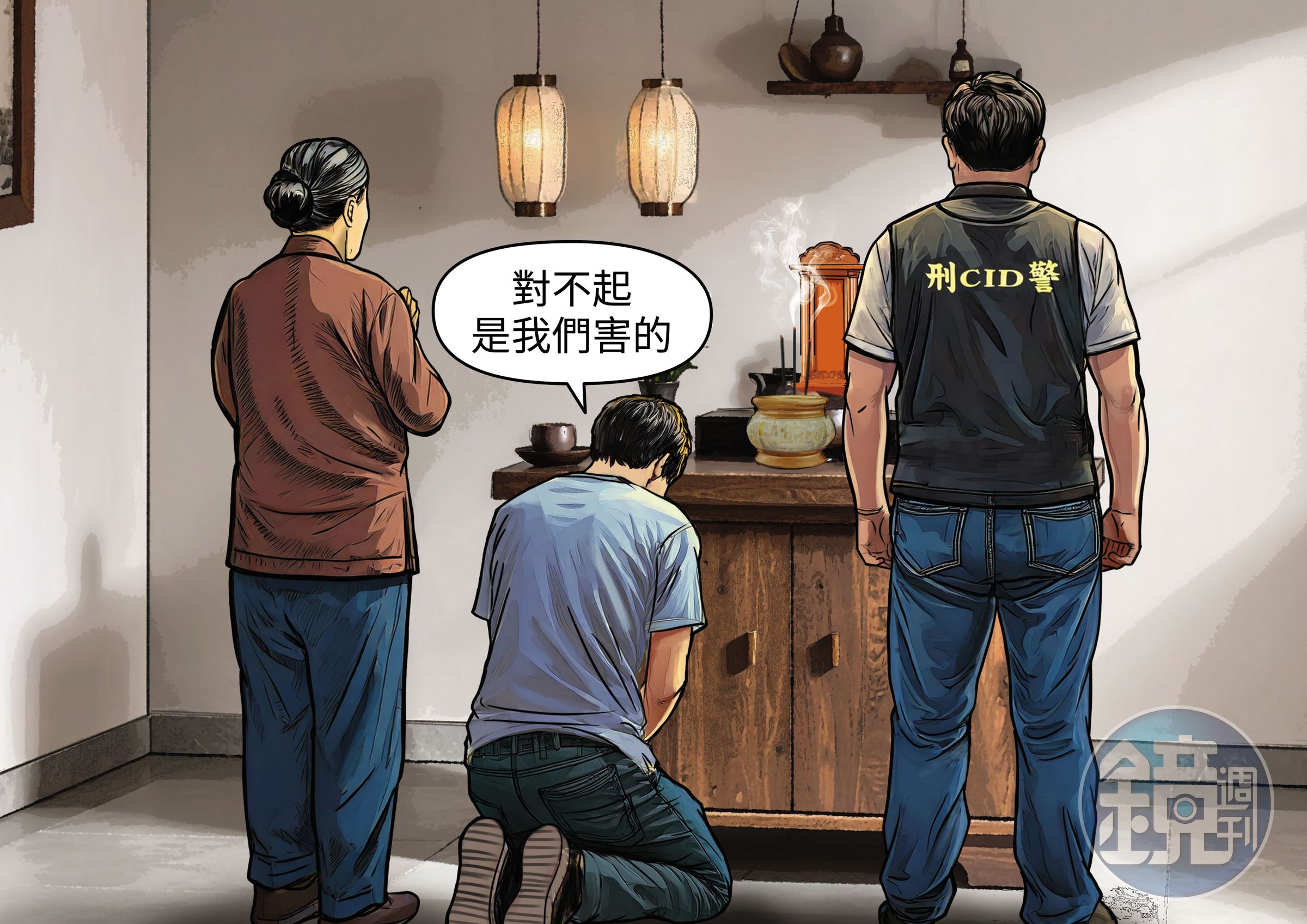 警方帶黃男到阿昌靈前上香,黃男痛哭認罪,坦承犯行。(AI繪圖Adobe Firefly生成,本刊美術組後製)