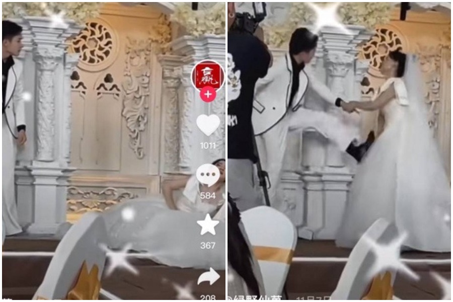 一名新郎在結婚當天突然得知新娘已經懷孕，讓他氣得當場踹倒新娘並要求退婚。（翻攝自抖音）