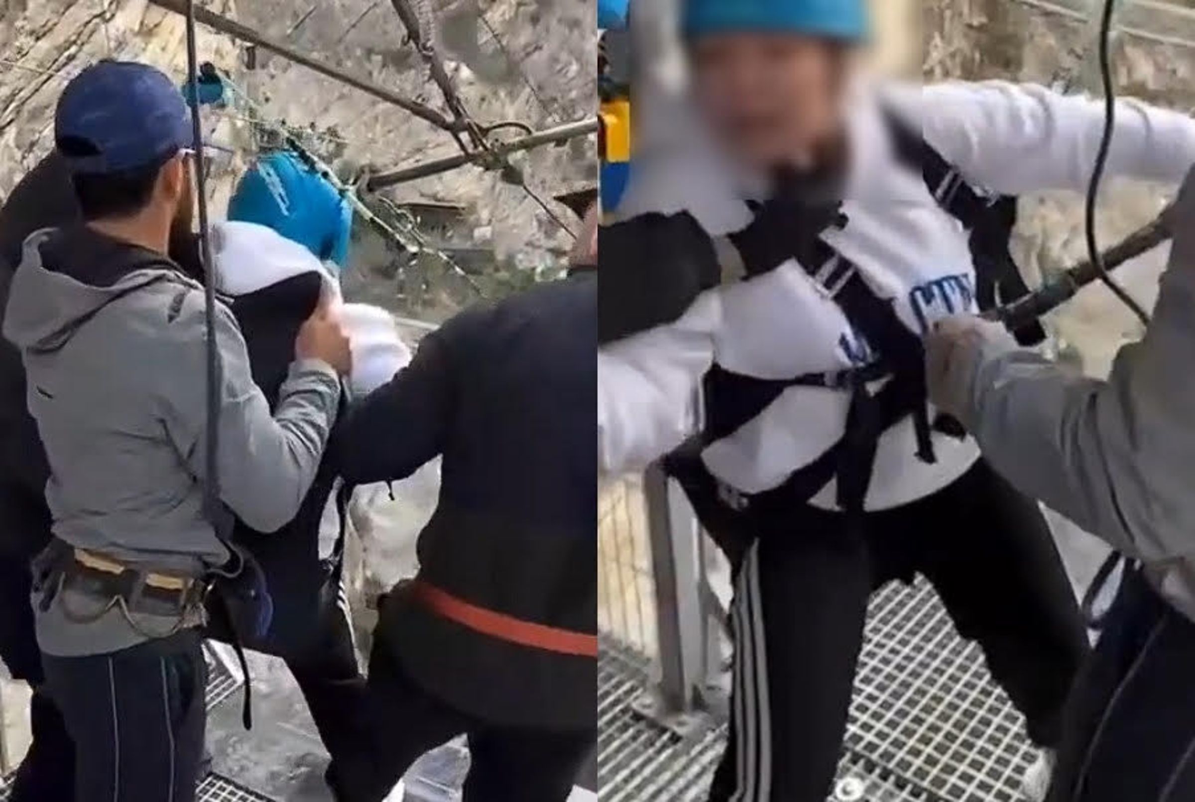 一名女遊客在俄羅斯達吉斯坦準備體驗高空滑索,因太恐懼而想臨陣脫逃時,沒想到被工作人員強迫踢膝墜落下去。(翻攝X@Subhash_LiveS)